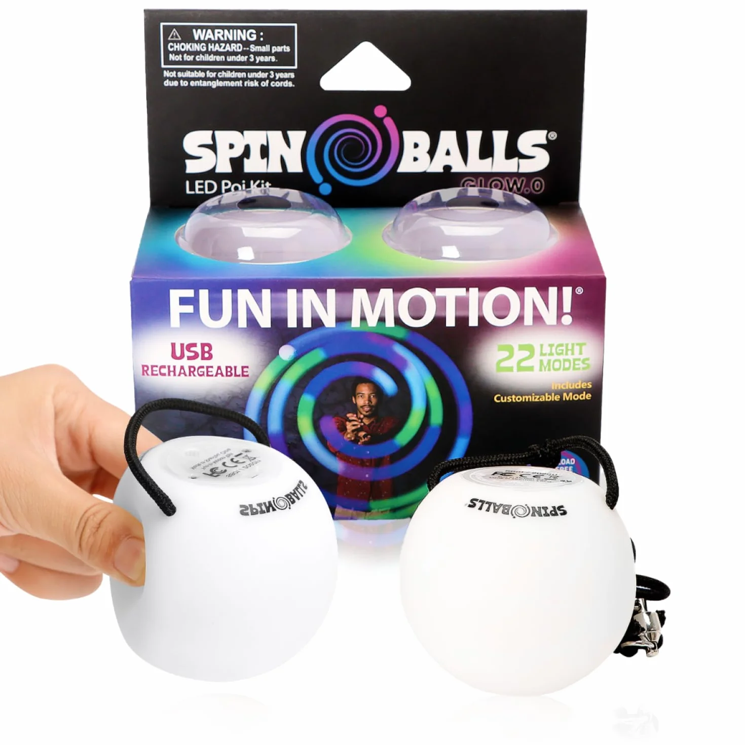 SPIN BALLS Glow.0 LED Bolas Luminose - Ricaricabile via USB, con 22 Modalità – Luci LED dai Colori e Motivi Vivaci – Bolas Giocoleria a LED Morbide, con Lacci Regolabili e Impugnature a Doppio Anello