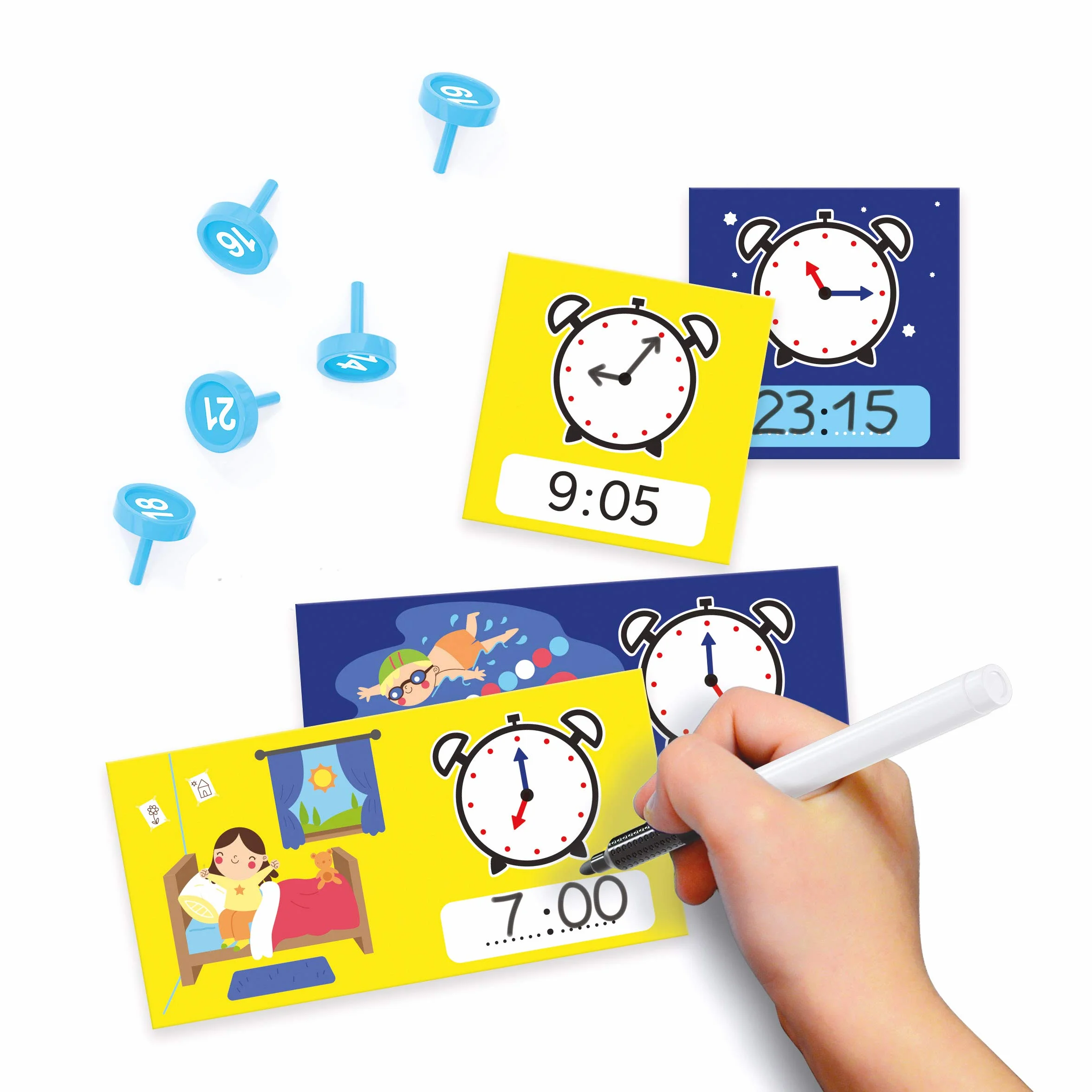 Quercetti Primo Clock, Orologio Educativo Montessori per Mambini 4-8 Anni con Tessere Riscrivibili, Pennarello e lancette mobili, Giochi Educativi per Imparare a Leggere l’Ora, Made in Italy