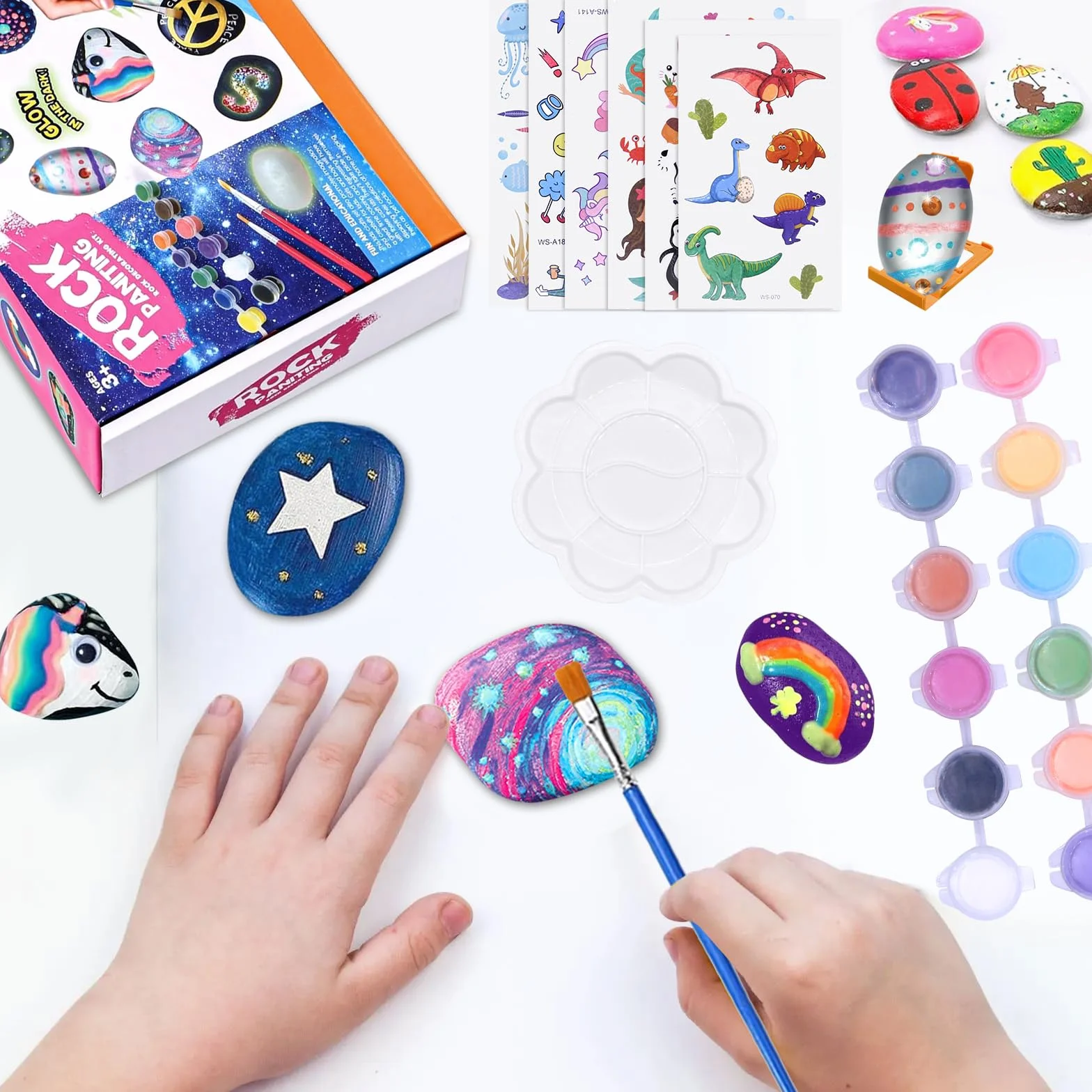YESLUSY Kit Creativi Pittura di Pietra per Bambini 18 Pigmenti Colori Accessori 3-10 Anni
