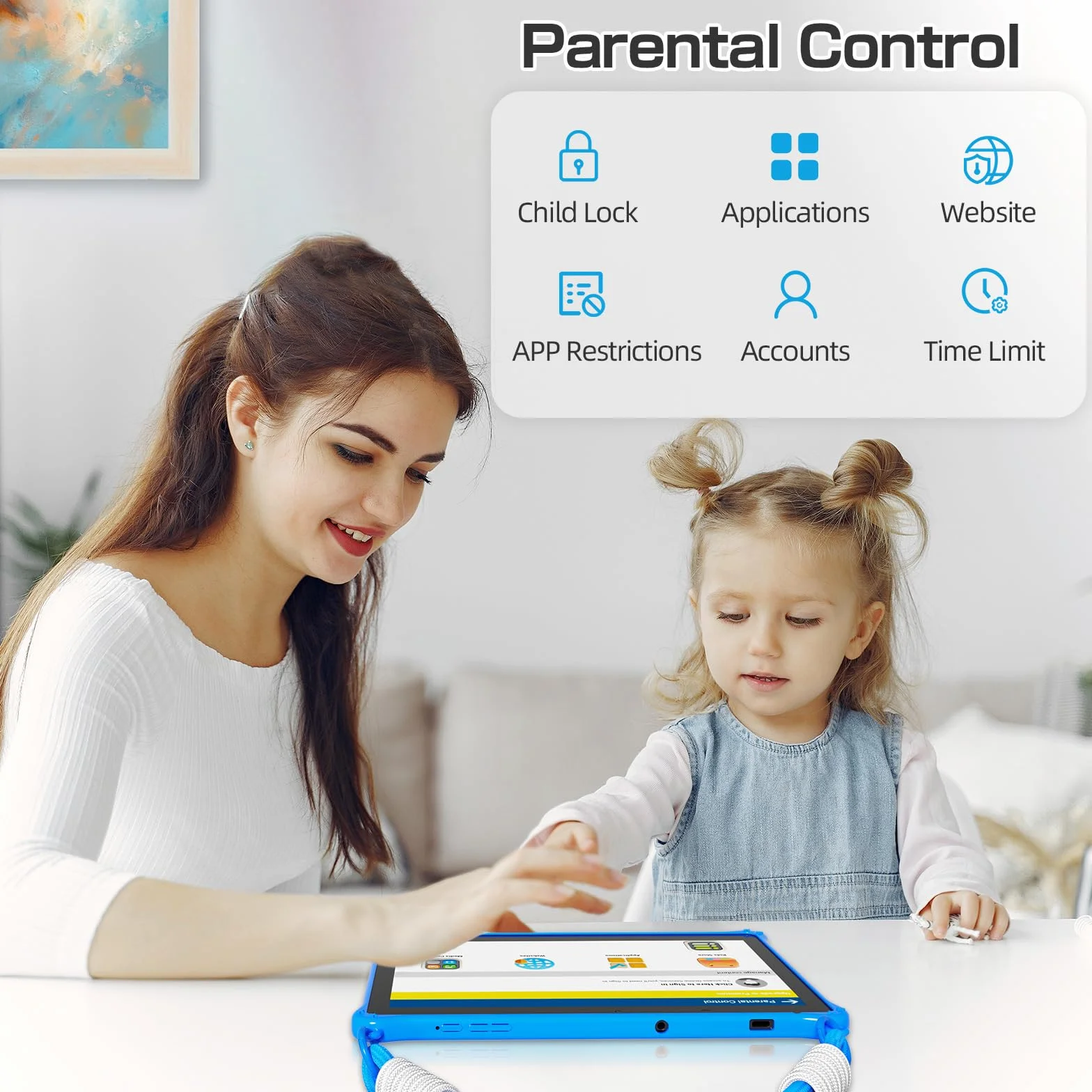 PRITOM Tablet per bambini da 10 pollici con Android 13 da 64 GB, espandibile a 512 GB, doppia fotocamera, tablet per bambini dai 3 anni in su (blu)