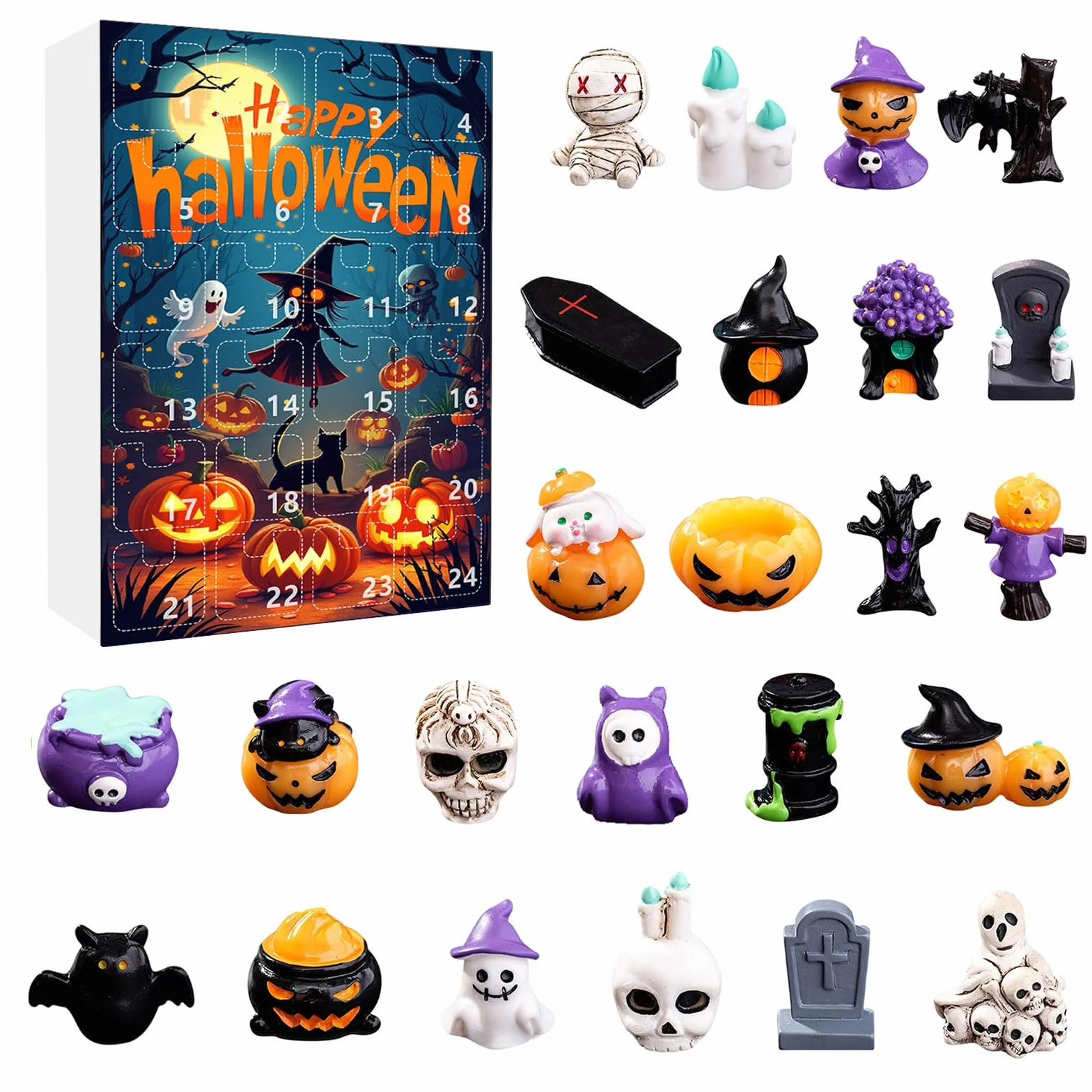 Calendario dell'Avvento di Halloween 2025, 24 giorni di Halloween, conto alla rovescia, con 24 pezzi di zucca horror, fantasma, teschio, mini figure decorazioni per bambini e adulti (orrore)