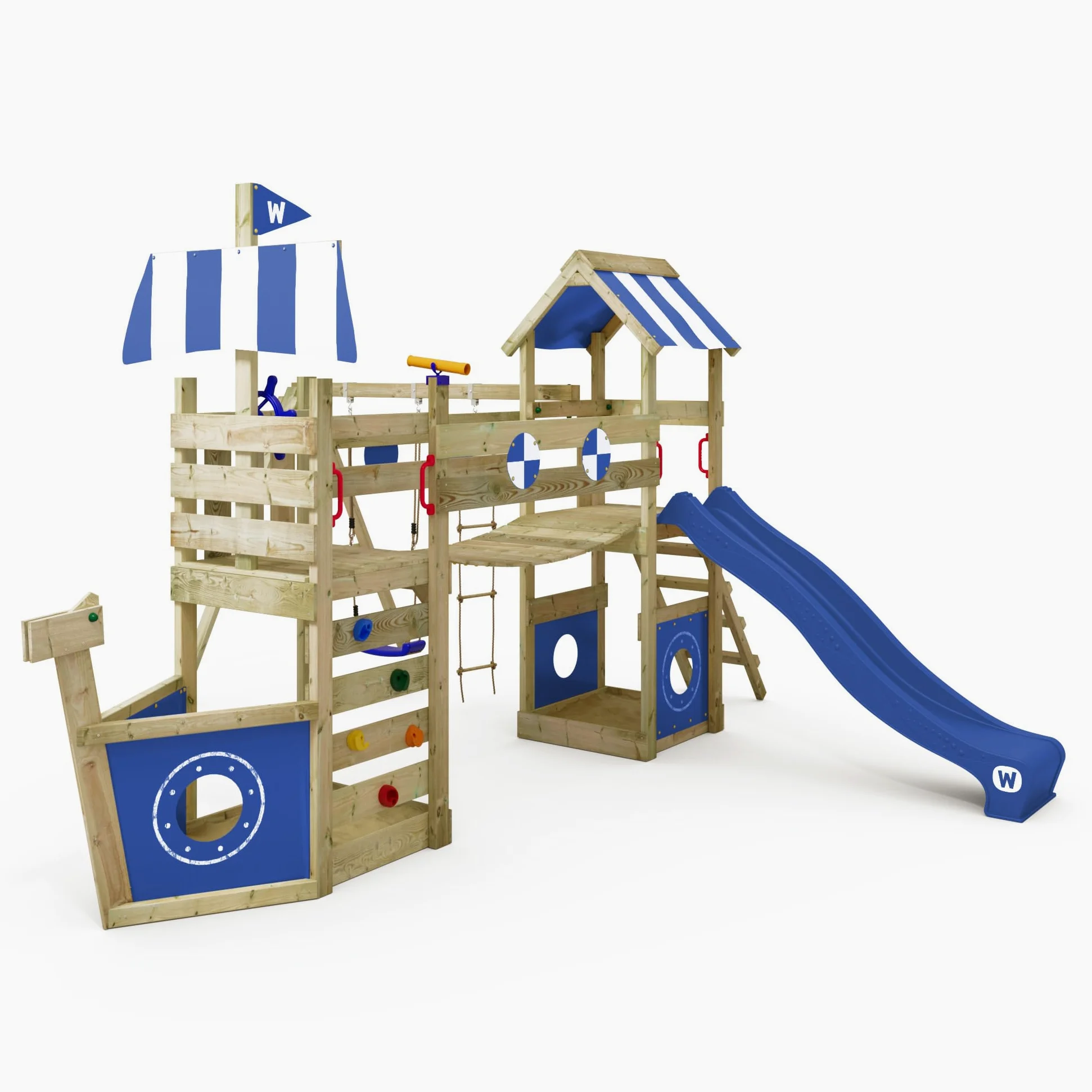 Gioco da giardino WICKEY StormFlyer con altalena e scivolo blu, struttura da esterno per bambini con sabbiere, scaletta e accessori da gioco