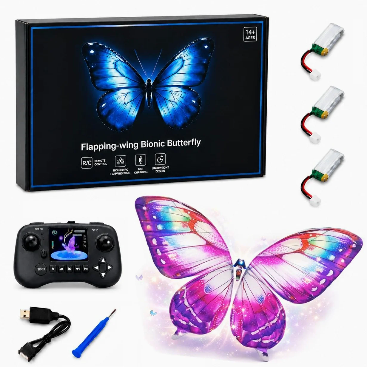Drone ornitottero bionico a farfalla con illuminazione a LED 3 batterie giocattolo volante con ali bioniche battenti e telaio in fibra di carbonio fatto a mano per feste matrimoni e hobby(Purple)