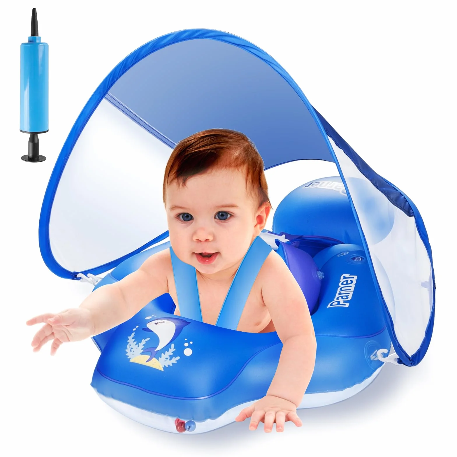 Parner Anello galleggiante per neonato con tettuccio parasole UPF50+, aiuto per il nuoto per la piscina, salvagente neonato con parasole, sedile di sicurezza regolabile, per bambini da 3 a 36 mesi