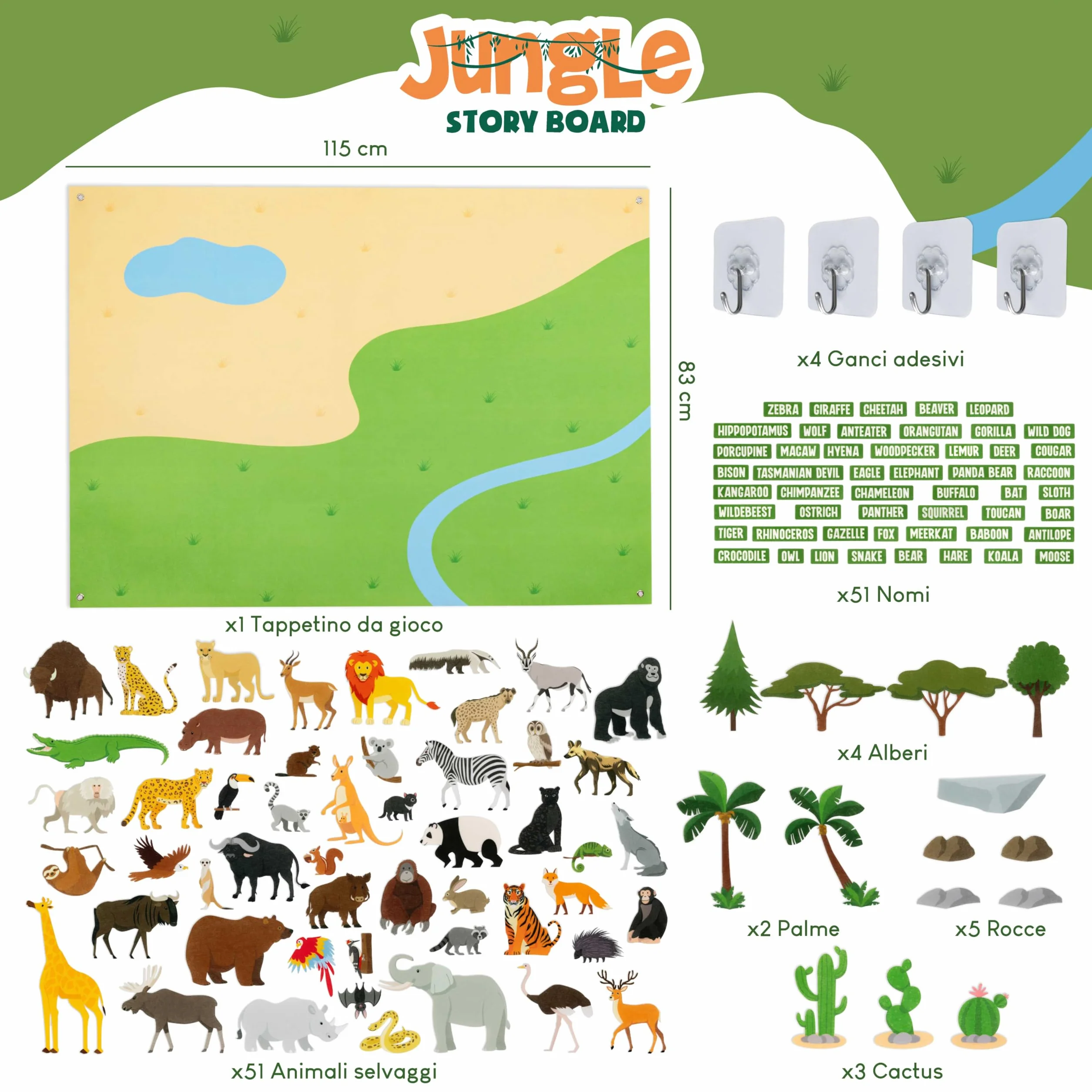 BONNYCO Lavagna di Feltro con 116 Figure di Animali della Giungla. Giochi Montessori e Regalo Compleanno Bambini dai 3-8 Anni. Pannello Sensoriale per Autismo, Giocattoli Educativi