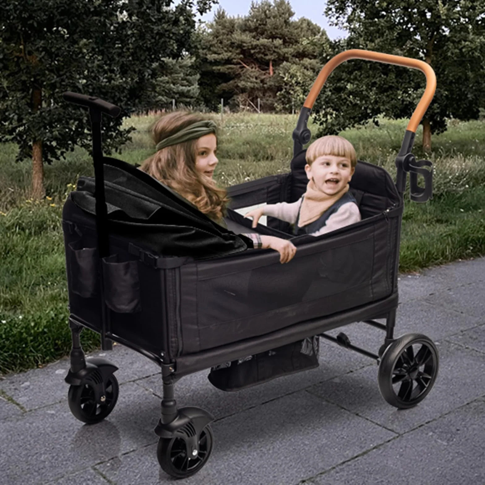 vickey Carrello pieghevole con tetto, 2 bambini, 150 kg, carrello cargo, pieghevole, con manico scorrevole, Duo, resistente agli urti, ruote in poliuretano con freni, portabevande, 100 l, nero