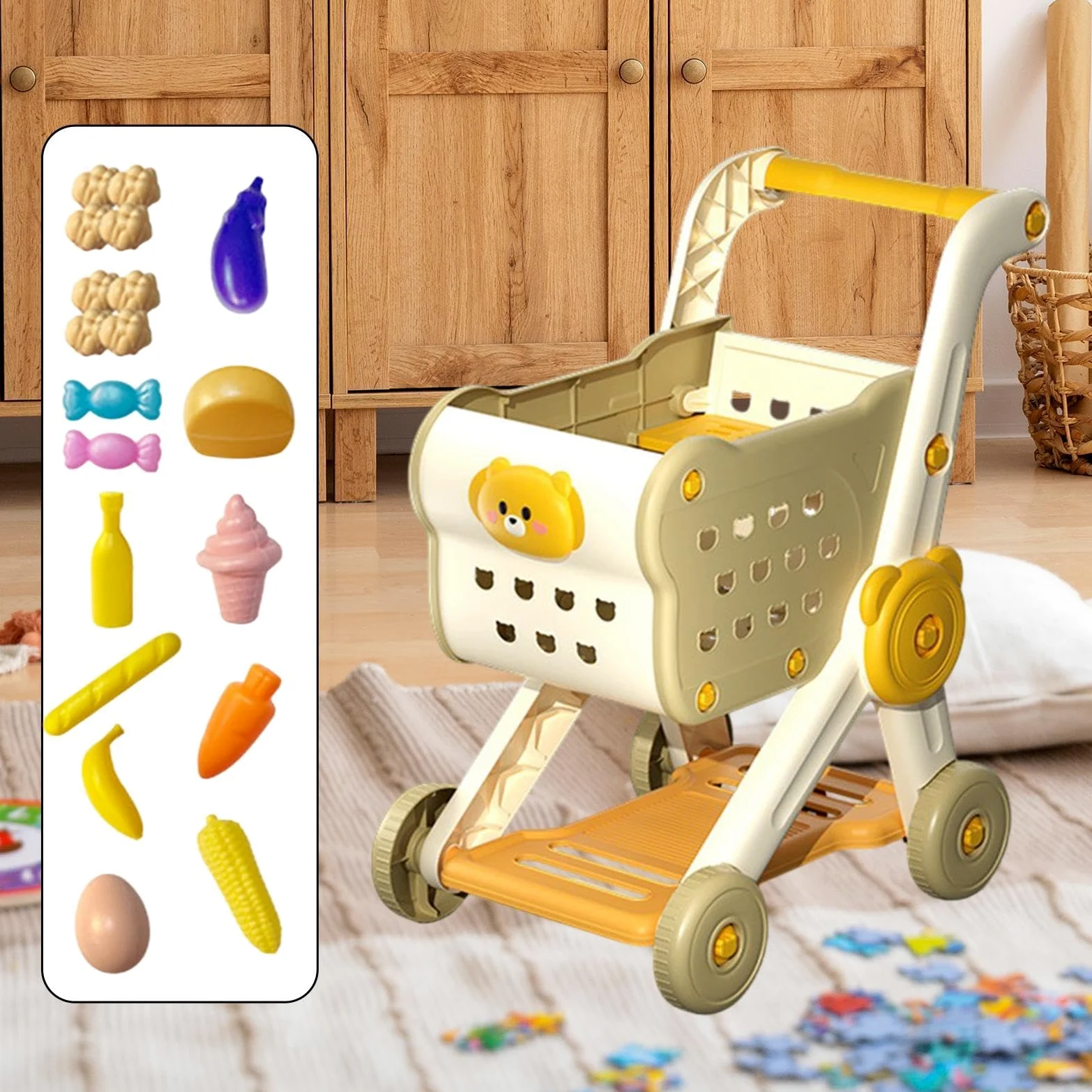 Carrello Supermercato Bambini Set Giocattolo Carrello Spesa Accessori Cucina Portaoggetti Ampio Facile da Usare Adatto per Gioco Simulato Regalo, Beige