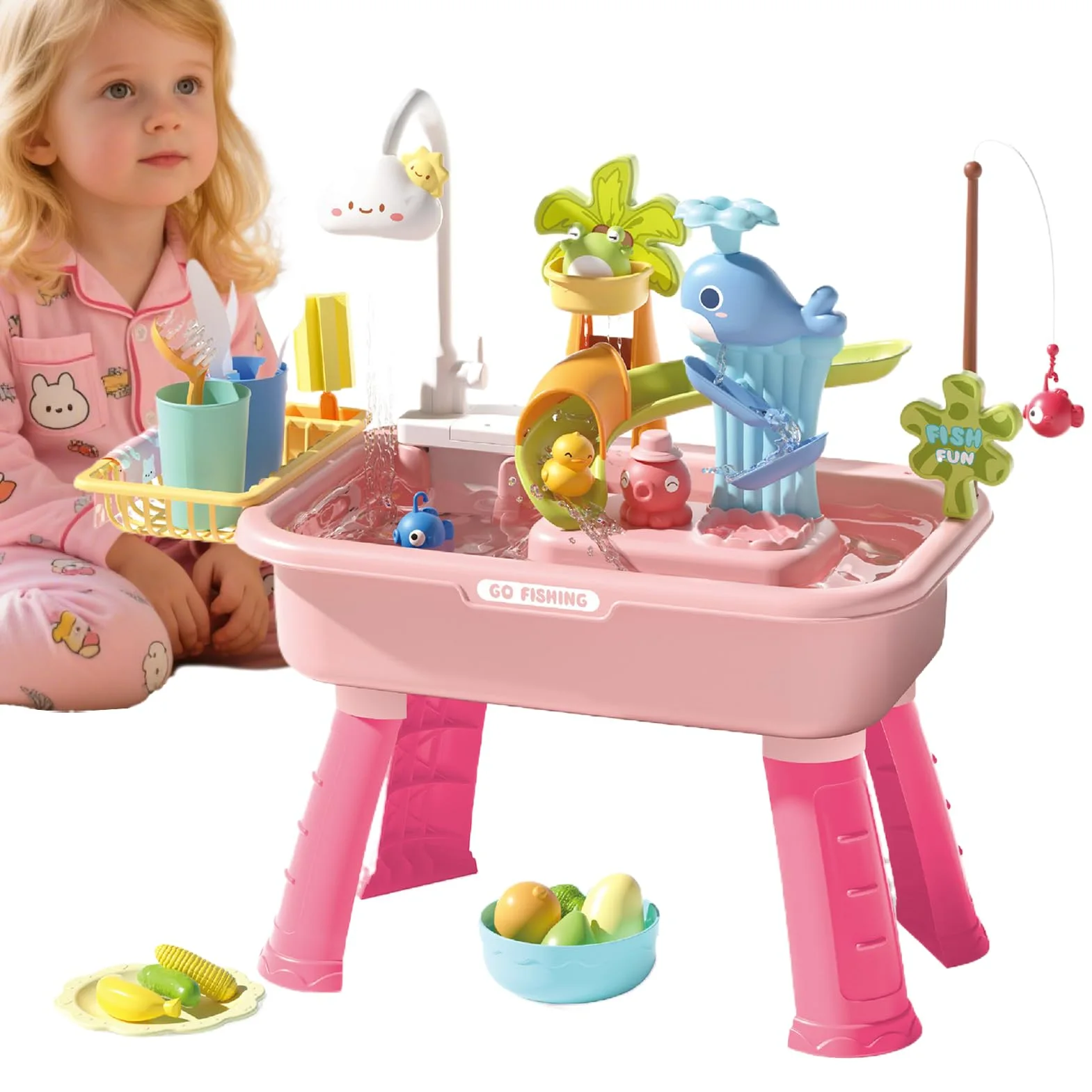 Tavolo Acquatico Esterno Tavolo Sensoriale Acquatico | 4 in 1 con Rubinetto Elettrico Educativo Bambini Casa Giardino Viaggio Asilo Picnic Campeggio Cortile Simbolico