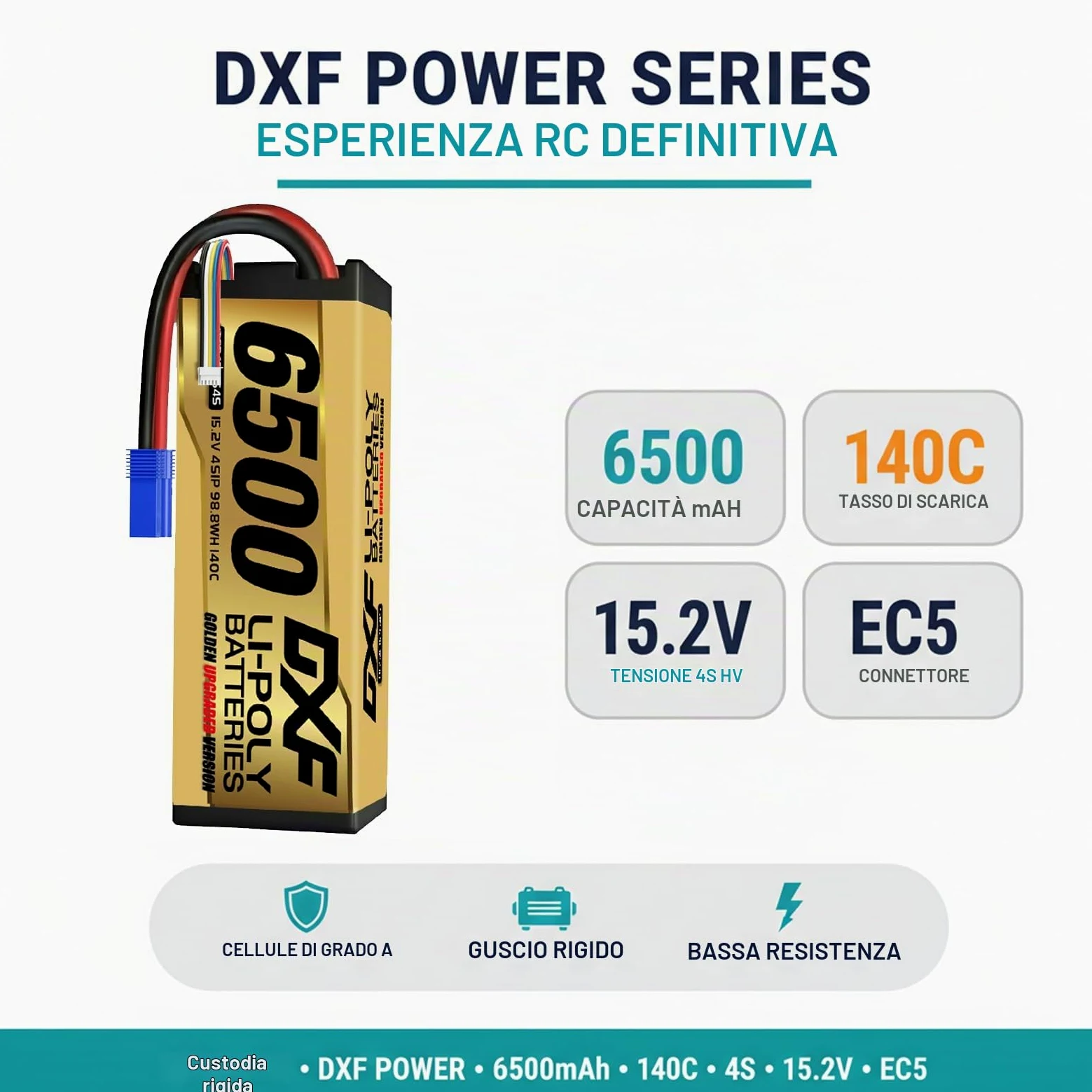 DXF Batteria LiPo 4S 15.2V 6500mAh 140C HV Spina EC5 Auto RC Truck Buggy 1/8 1/10 Alte Prestazioni Potente Tecnologia Avanguardia Sicurezza Gare Racing Modellismo 2 Pezzi