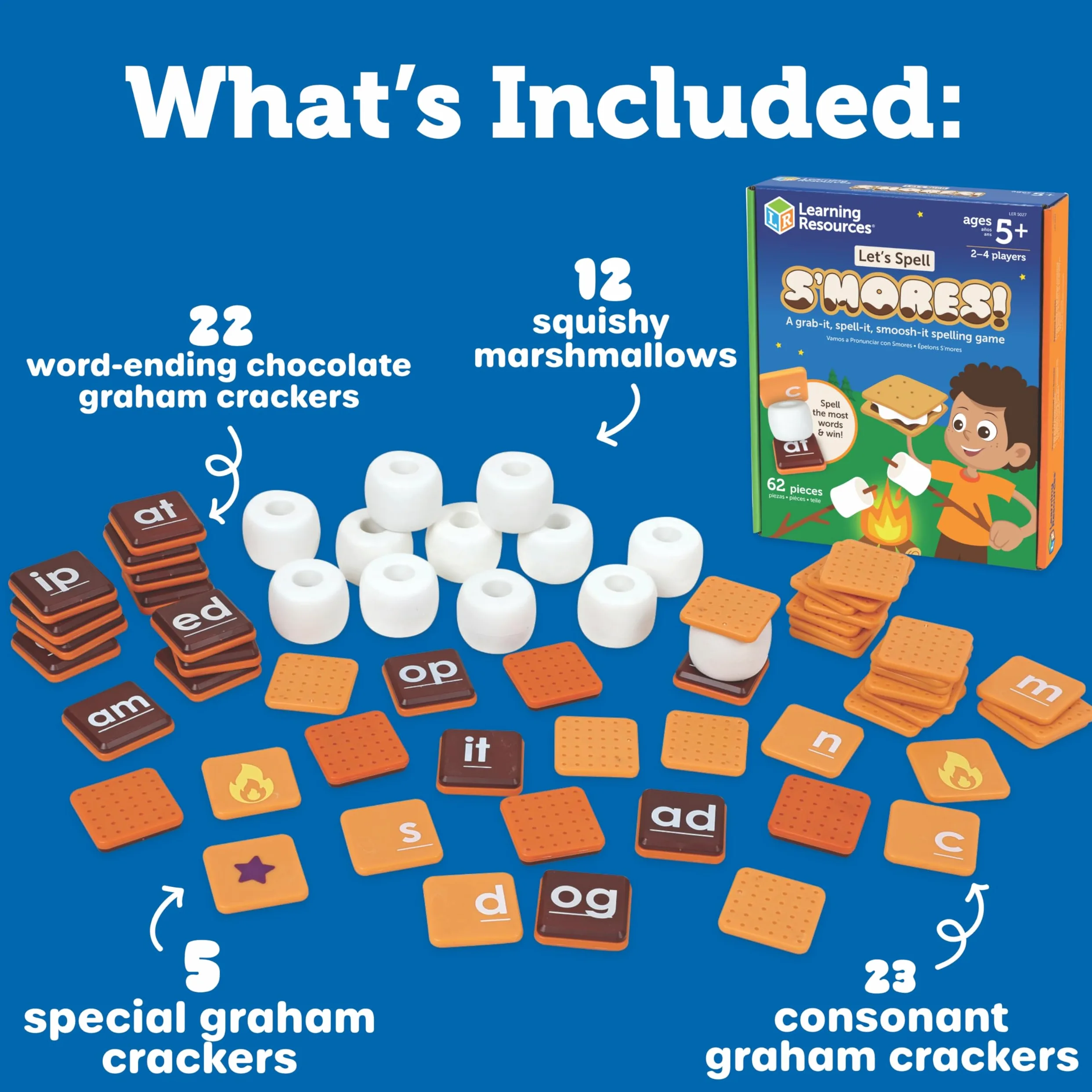 Learning Resources Let's Spell S'Mores!, Alfabeto Flash Card, giochi di parole, imparare a leggere, Strumenti per la dislessia per bambini, età 5+, 62 pezzi