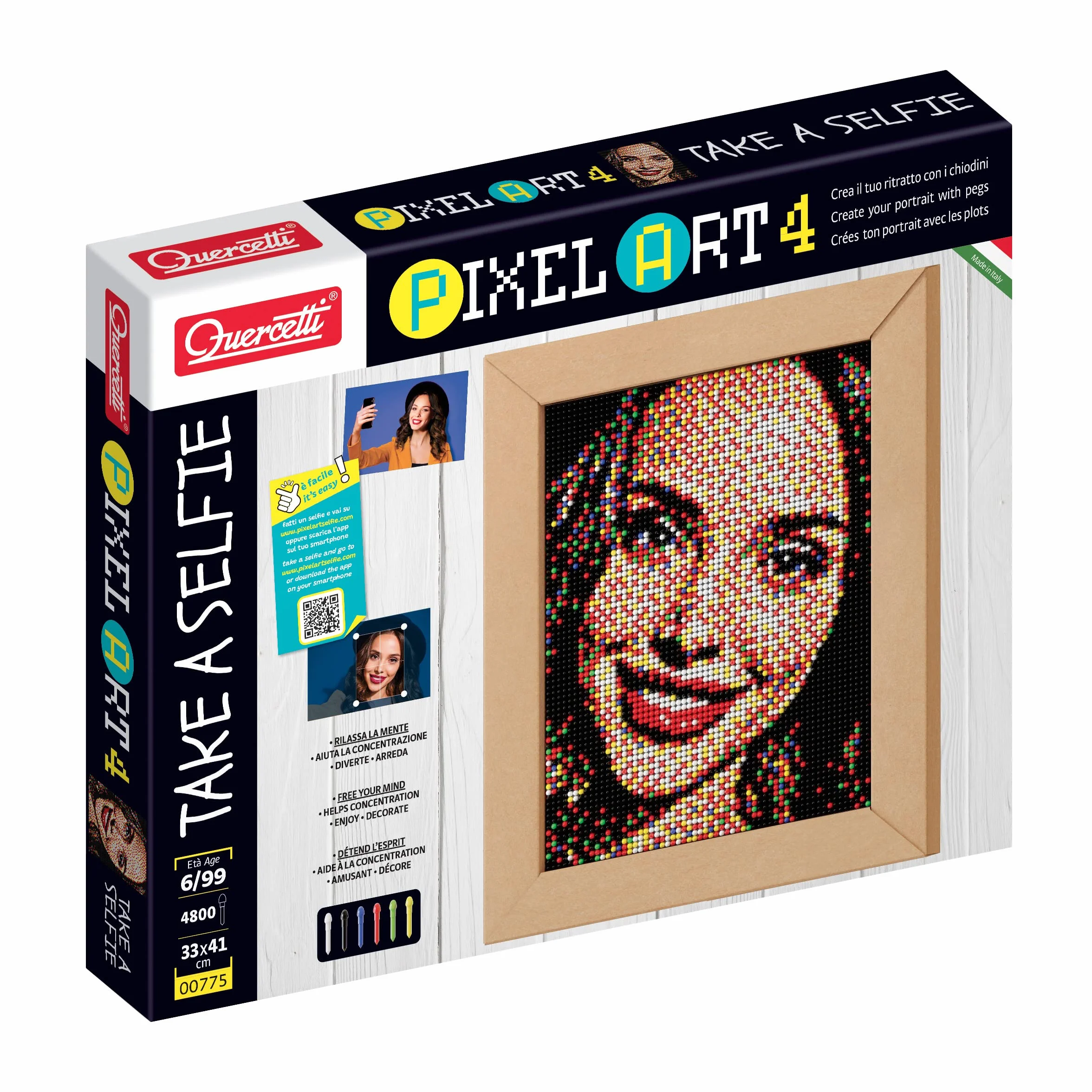 Quercetti Pixel Art 4 Take A Selfie, Crea un Mosaico con Chiodini per Bambini Personalizzato da una tua Foto, Giochi Creativi Bambina 10 Anni e Adulti, Regalo Bambina 10 Anni, 4 Tavolette 33x24,5 cm