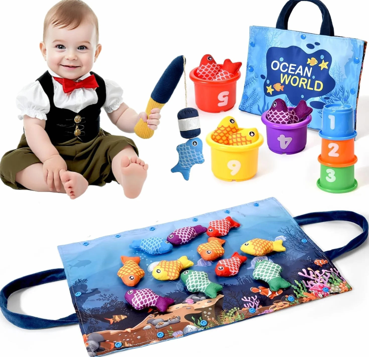 Gioco Montessori Pesca per Bambini 1-3 Anni - 12 Pesci Morbidi con Retino, Giocattolo Educativo per Sviluppo Motricità Fine e Coordinazione, Neonati 12-18 Mesi e Bambini