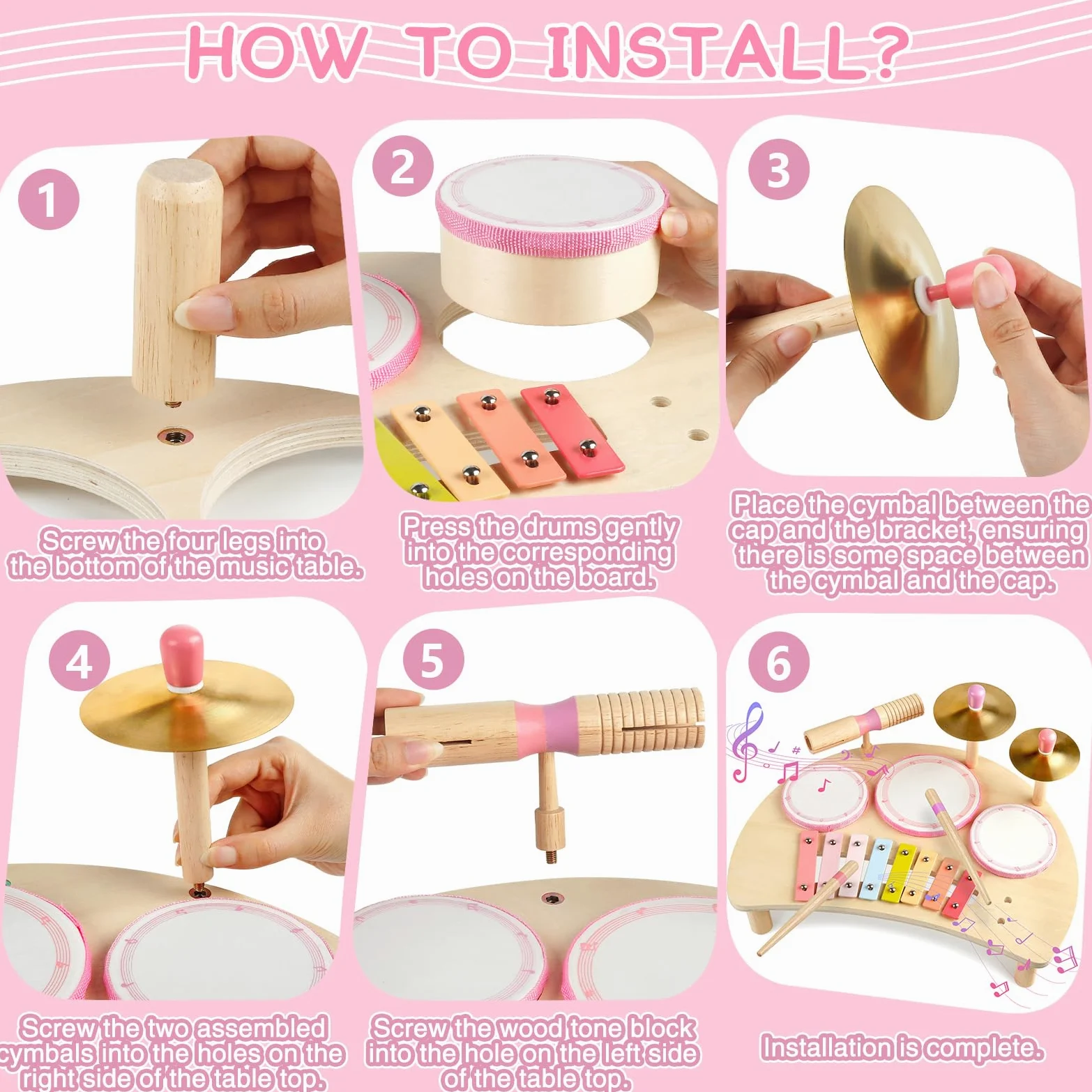 Montessori, set di tamburi in legno, strumenti musicali per bambini, set di batterie in legno con xilofono, giocattolo musicale per bambini in età prescolare, regalo di compleanno educativo per