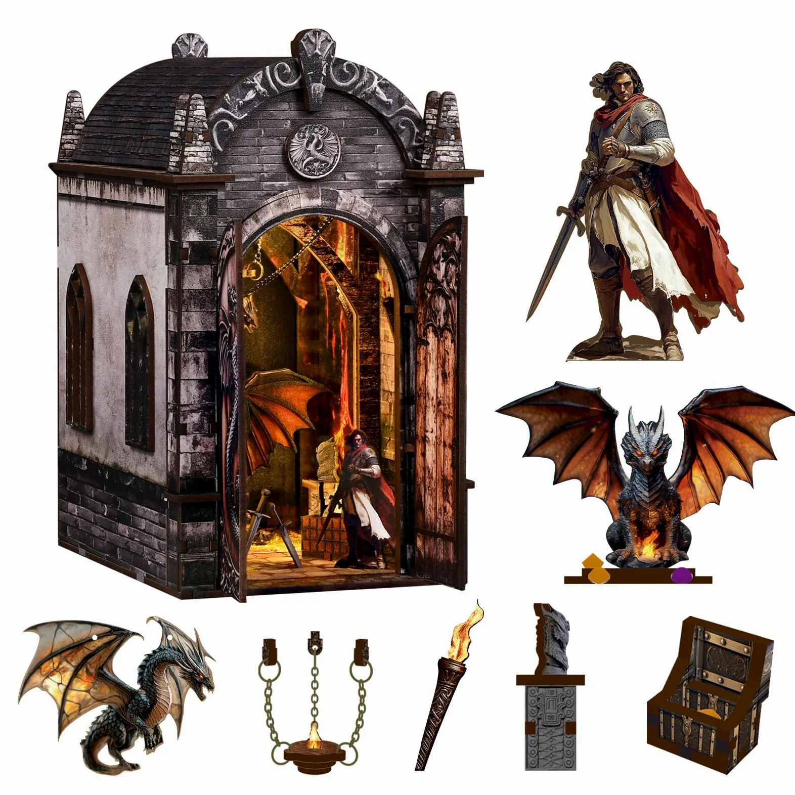 Book Nook Kit per adulti-Labirinto del Tesoro dei Draghi,Puzzle in miniatura 3D fai da te in legno con luci LED,fermalibri in miniatura, decorazione per libreria,Idea Regalo Creativa