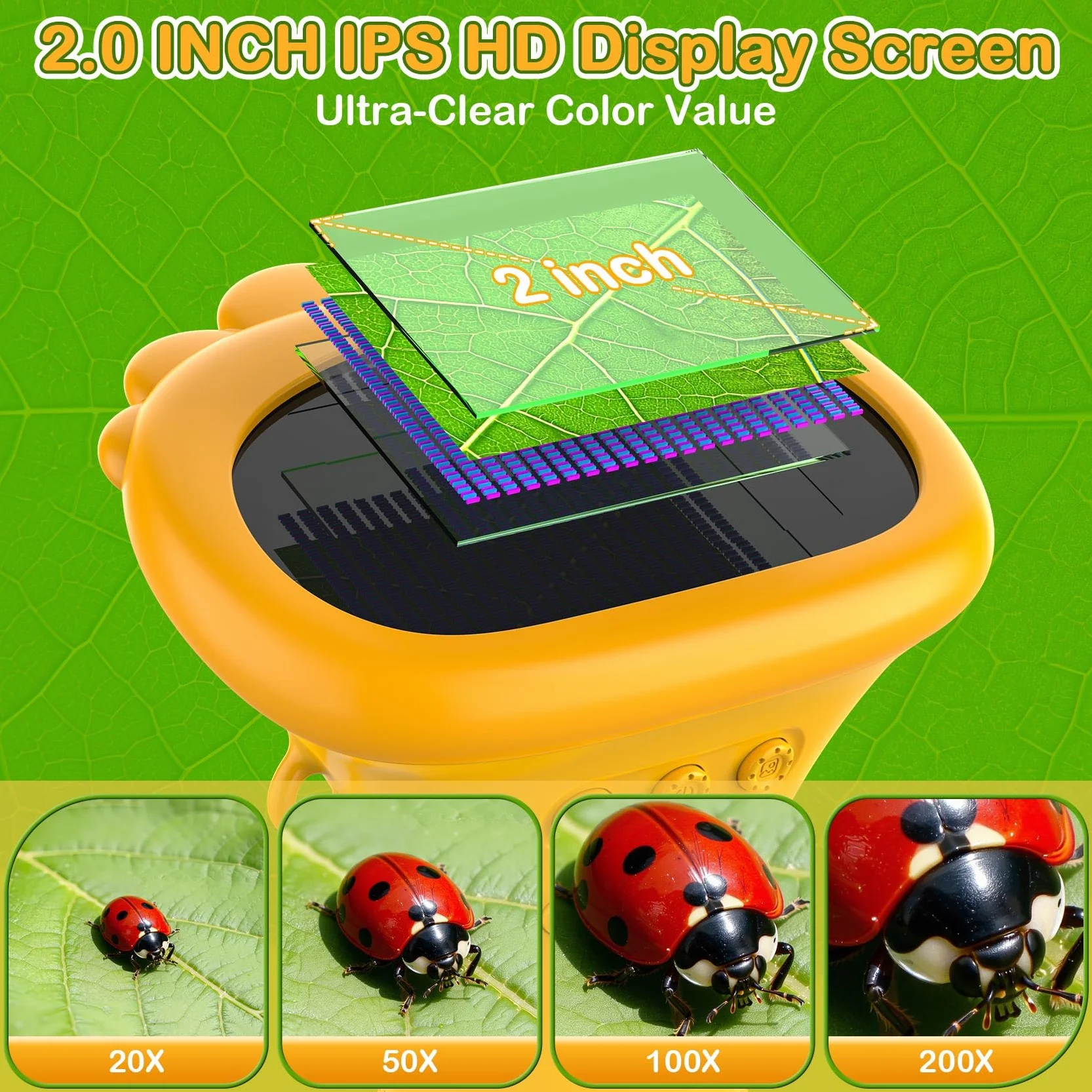 GlobalCrown Microscopio bambini tascabile,Microscopio digitale portatile 200x con schermo da 2,0 pollici,giocattolo per l'apprendimento scientifico per 3,4,5,6,7,8,9,10 anni ragazzi,ragazze