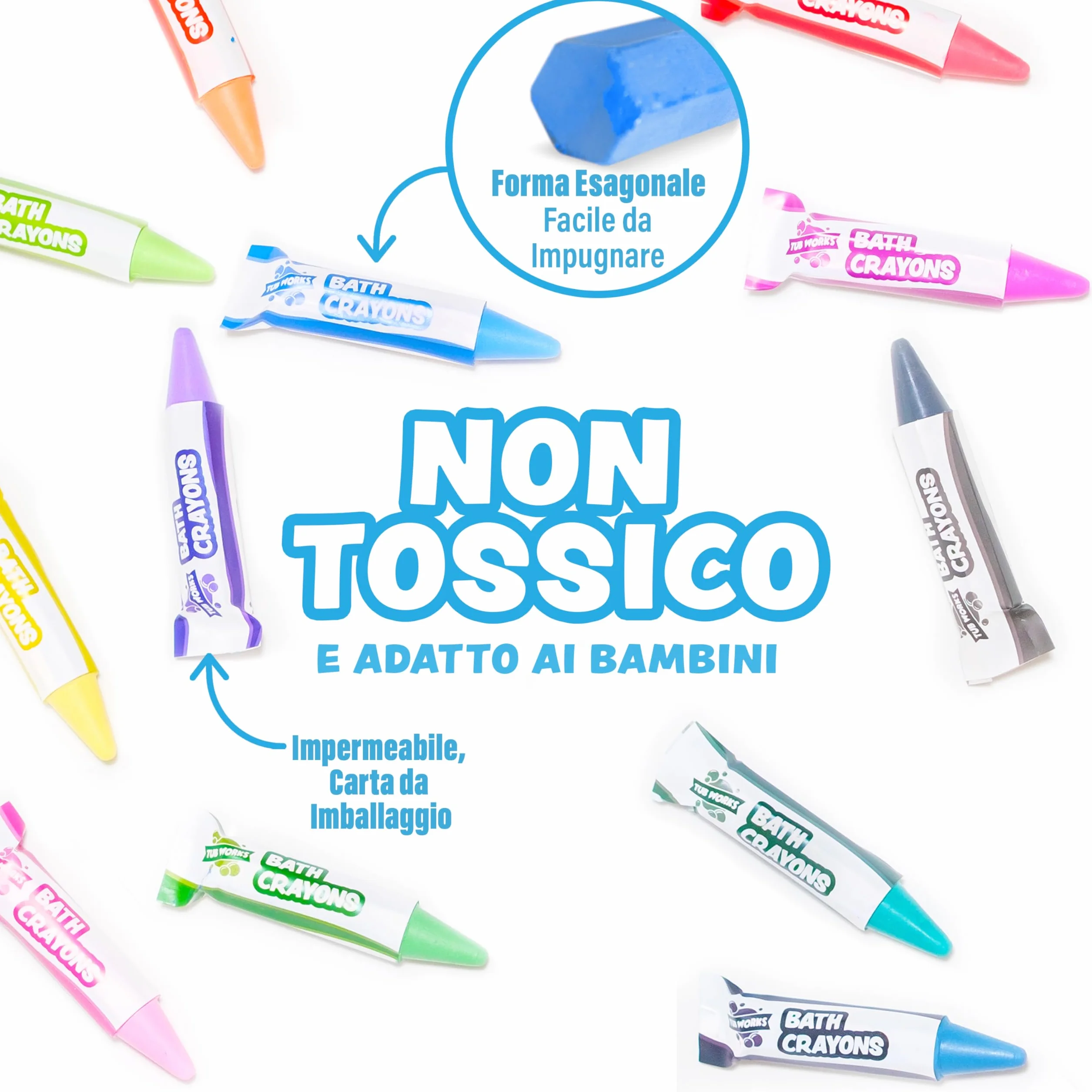 Tub Works® Pastelli da bagno, giocattolo per il bagno, confezione da 12 | Matite da bagno atossiche e lavabili per bambini | Disegna sulle pareti della vasca bagnata e asciutta | Forma esagonale