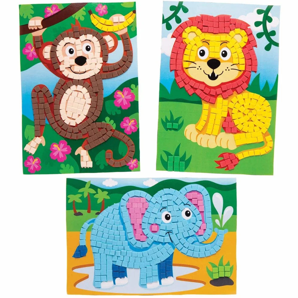 Baker Ross Kit mosaici con animali della giungla (confezione da 4) - Mosaici adesivi per bambini