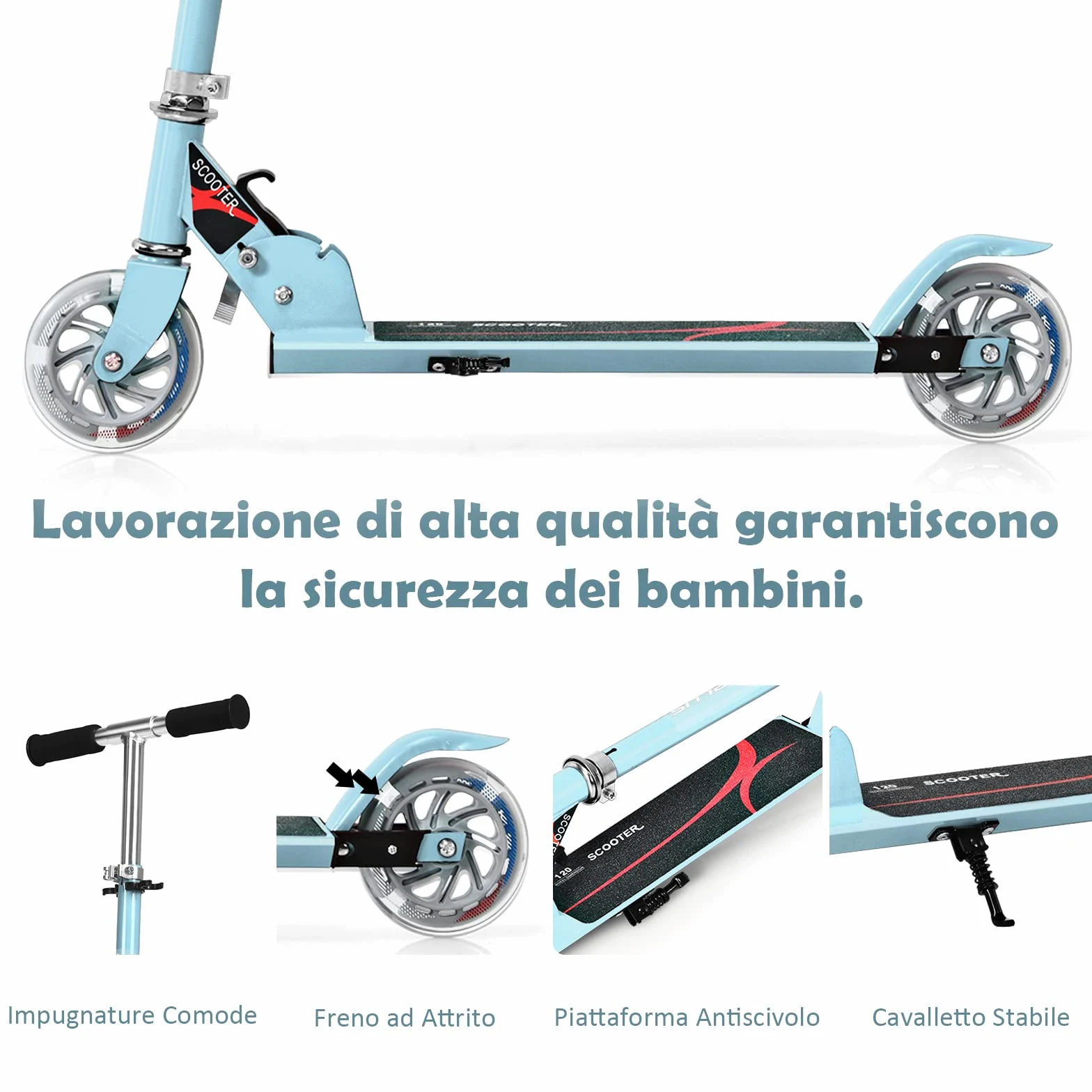 GOPLUS Monopattino Pieghevole a 2 Ruote Luminose Scotter Altezza Regolabile a 3 Livelli per Bambini 4-13 Anni, Alluminio, 70kg (Azzurro)