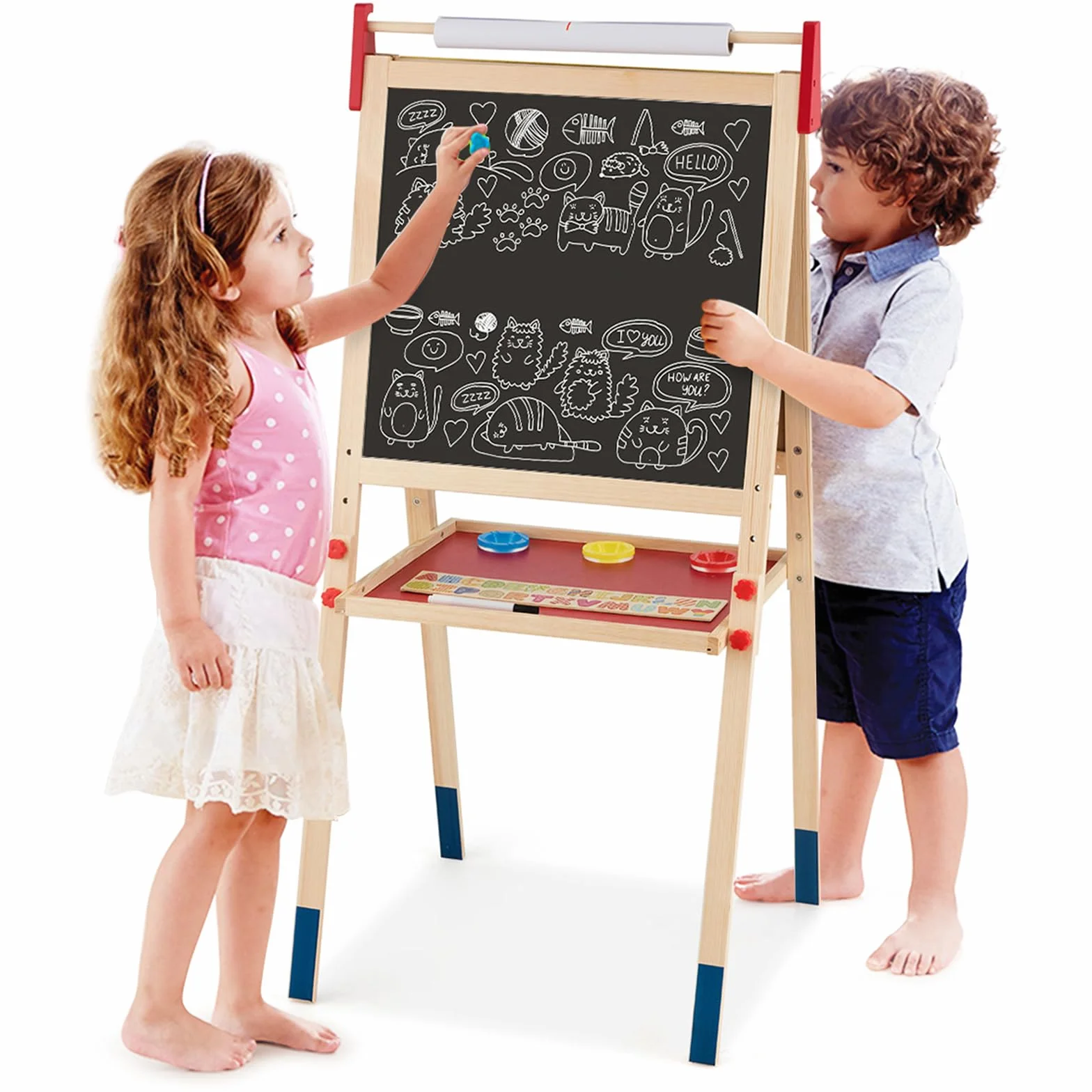 COSTWAY Cavalletto per Bambini 3 in 1, Lavagna Bifacciale, Legno (60x55x112,5-124,5 cm)