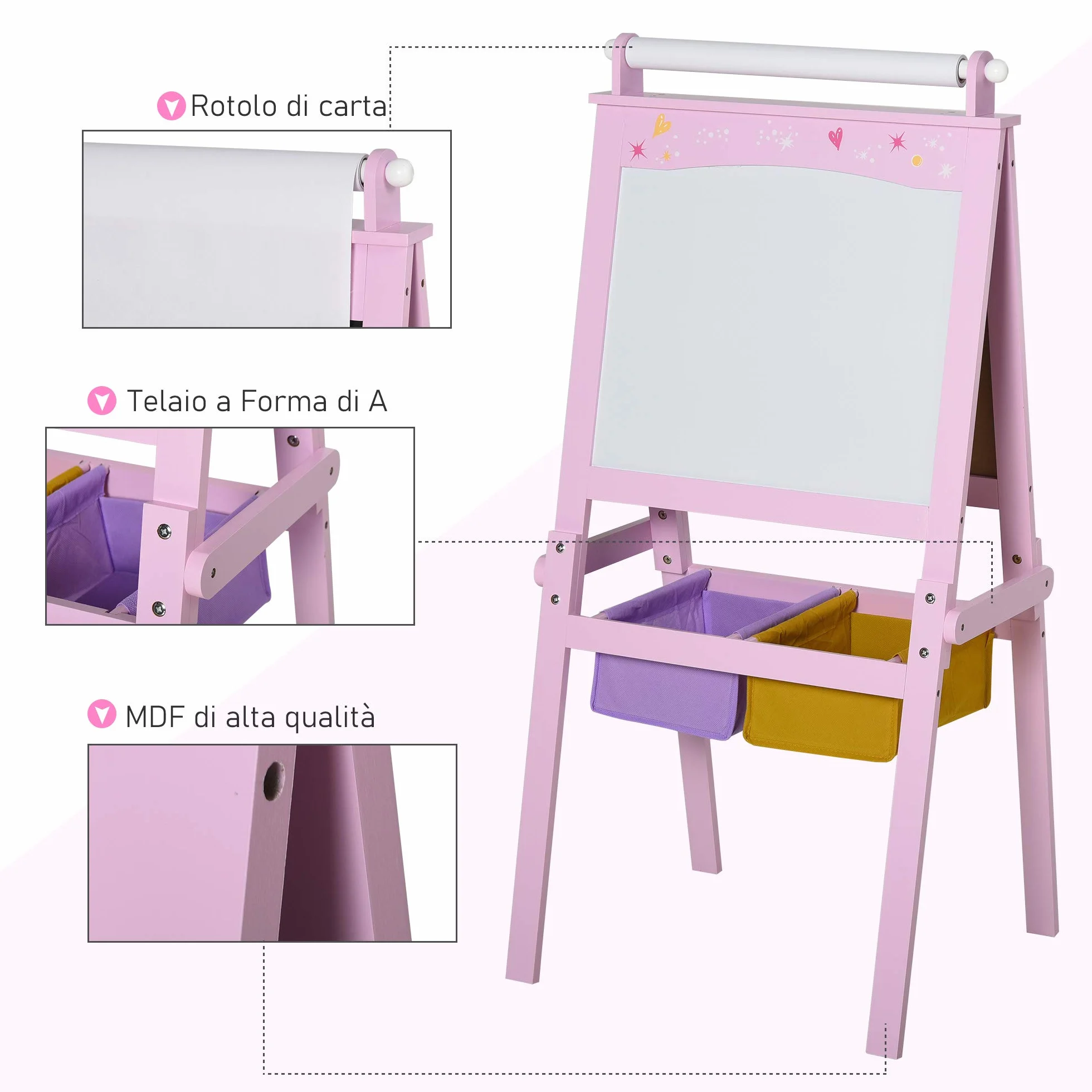 HOMCOM Lavagnetta per Bambini in Legno Rosa 3 in 1 Cavalletto Lavagna Bianca Nera Rullo Fogli