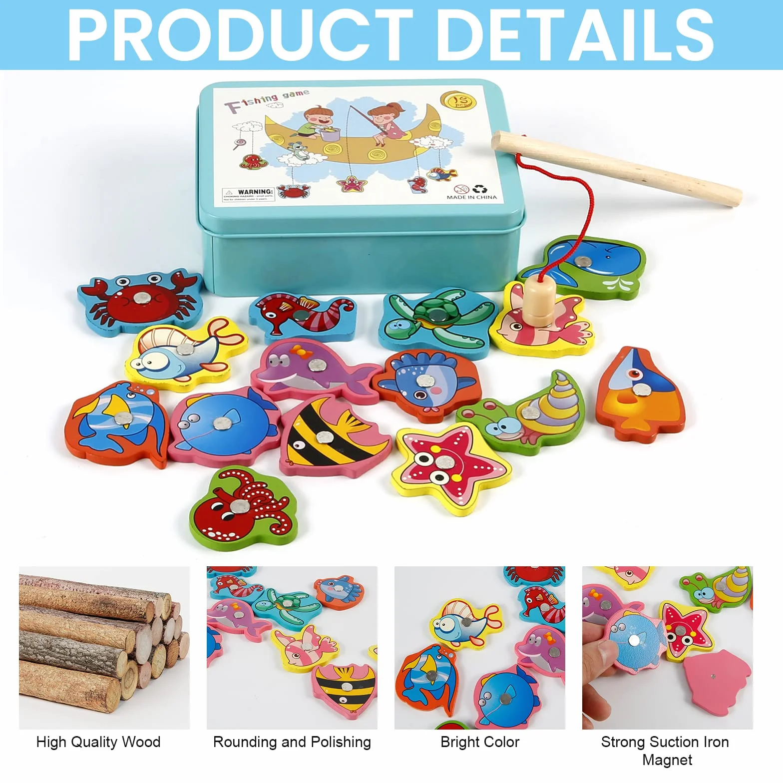 Giocattoli di Legno Gioco di Pesca, Vittse Giochi Montessori Bambini 2 Anni Gioco di Pesca Magnetico, Bambino in Legno Educativo Giocattoli, Giochi per Bambini per Sviluppo (Blu)