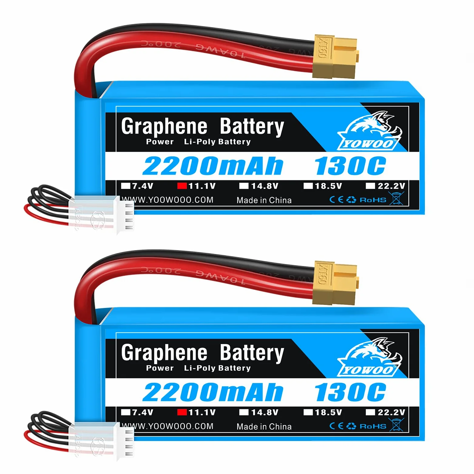 Yowoo 3S LiPo Batteria 2200mAh 11,1V 130C 3S RC Batteria Grafene con connettore XT60 spina per RC Auto Barca Camion Heli Aereo Quadcopter Elicottero Multi-Motore Hobby FAI DA TE (2 Batteria)