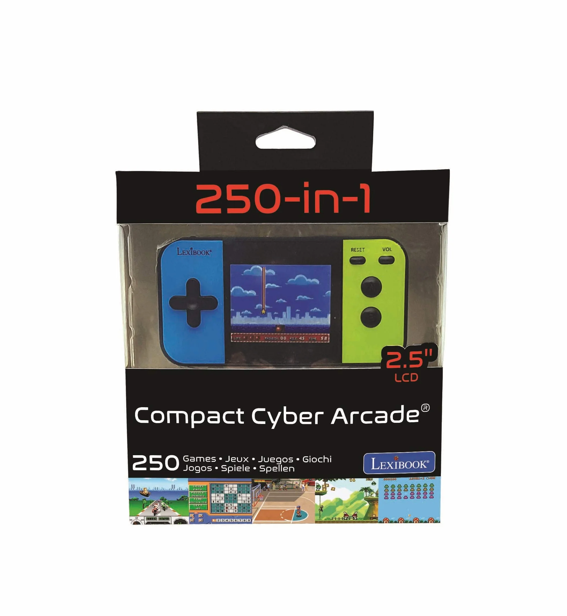 Lexibook, Cyber Arcade compatto, console di gioco portatile, 250 giochi, LCD, a batteria, videogioco per bambini, nero/blu/verde, JL2377