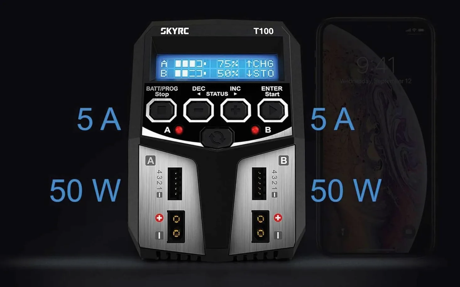 Caricatore doppio Lipo balance, SKYRC T100 professionale 100W 5A bilanciato AC due canale XT60 caricabatterie/scaricatore per 2S 3S 4S Life LiHV Li ion, 6S 7S 8S NiCd NiMH Pb AGM (6V/12V) timer