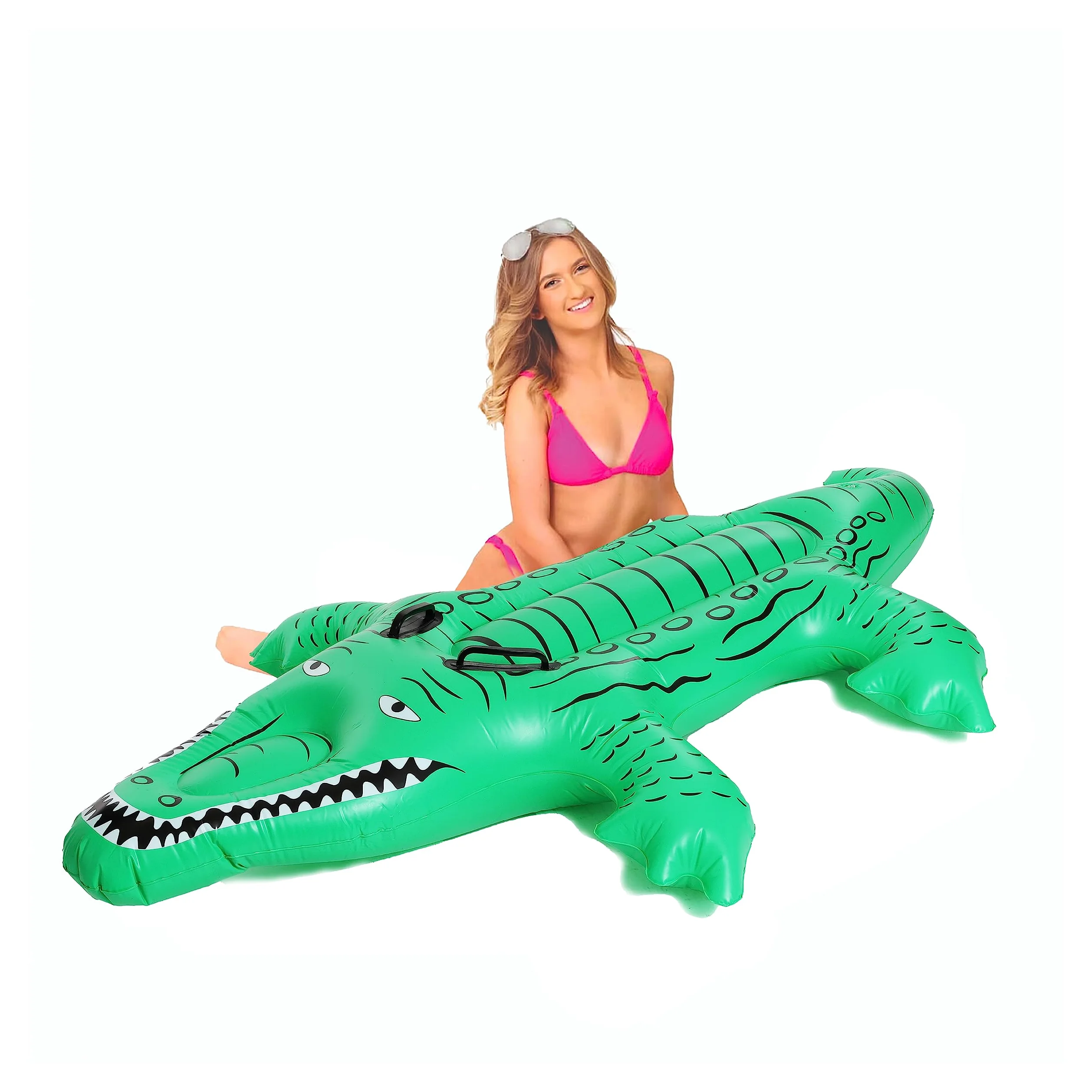 Galleggiante gonfiabile a forma di coccodrillo, 152 cm, verde, con manici, accessorio decorativo gonfiabile per feste in piscina