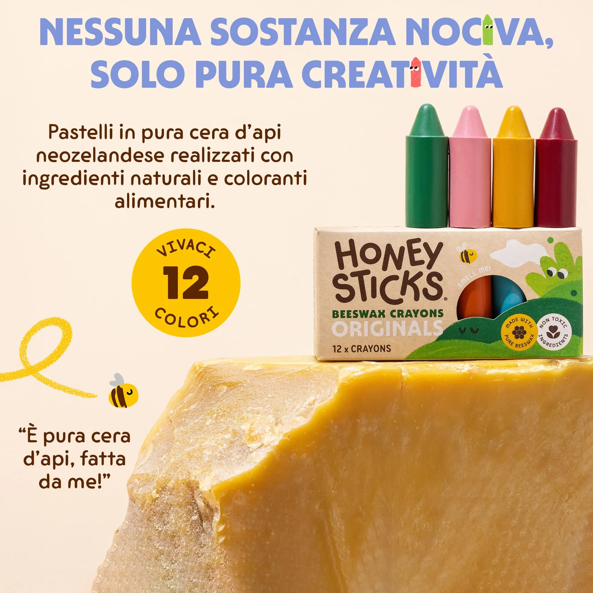 Honeysticks - Pastelli in 100% pura cera d’api (confezione da 12 pezzi). Naturali, atossici e sicuri per tutti i bambini, da 1 anno in su. Fatti a mano in Nuova Zelanda.
