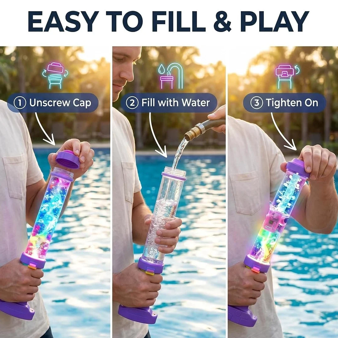 Blaster ad acqua a LED arcobaleno incandescente, spara fuochi d'artificio, divertimento estivo che si apre come per magia, pistola ad acqua arcobaleno per feste in piscina all'aperto giochi d'acqua