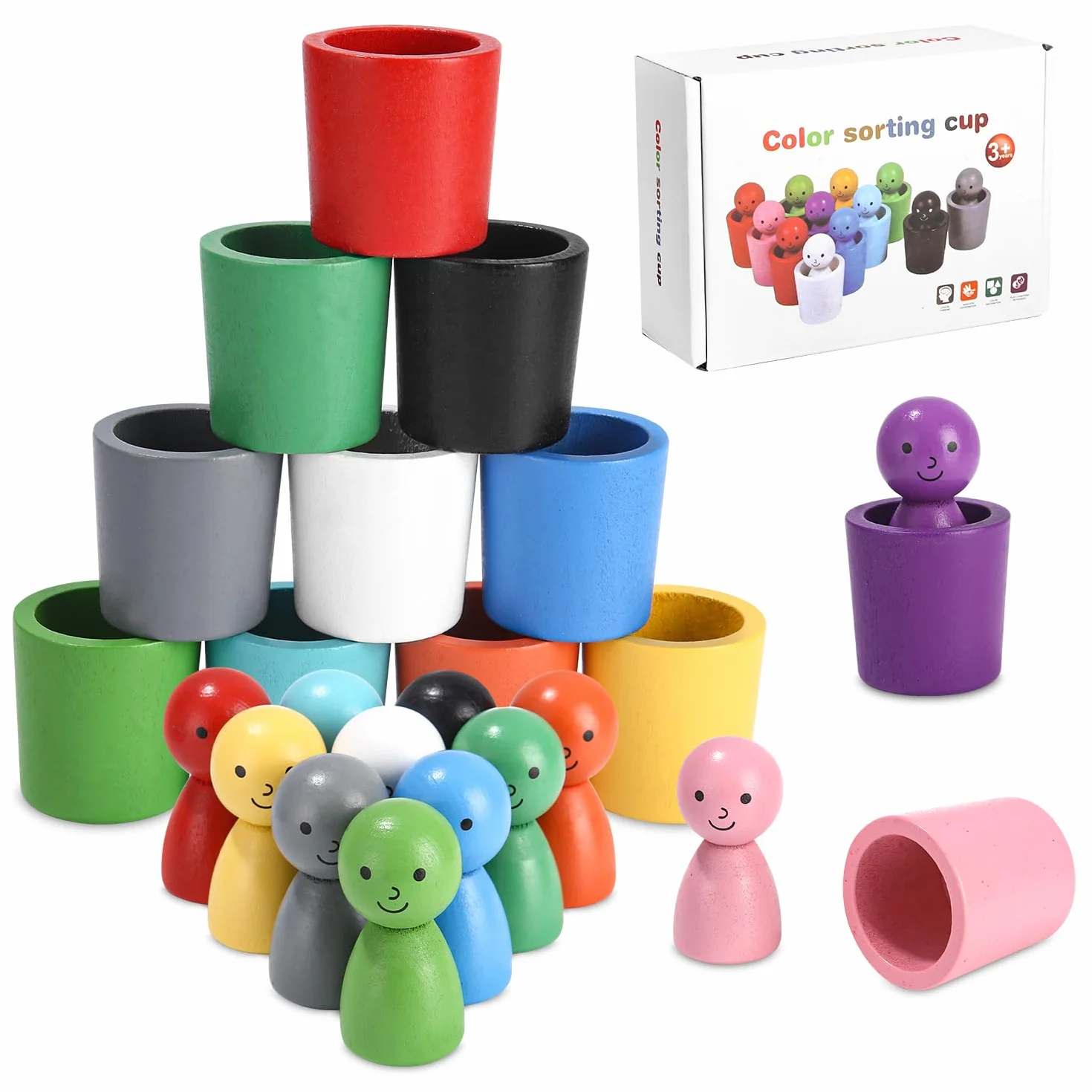 LEAZZLE Palle in Tazze Giocattolo Montessori in Legno per Giochi Bambini 2 anni, Giochi di Selezione di Figurine a 12 Colori e Abbinamento per Colore di Smistamento e Il Conteggio in età Prescolare