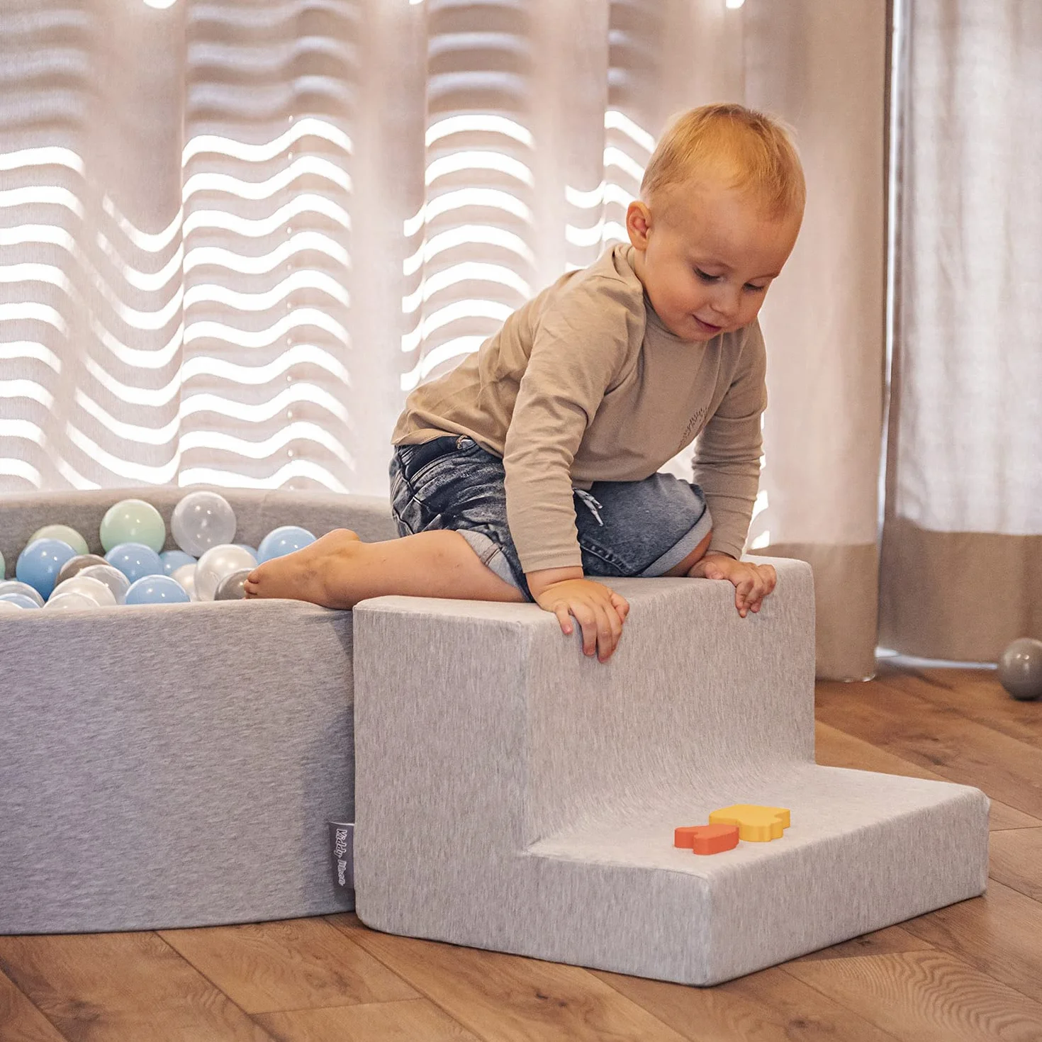 KiddyMoon Area di Gioco in Schiuma con Tondo Piscina di Palline (200 Palline) per Bambini, Grigioch:Bianco/Grigio/Menta