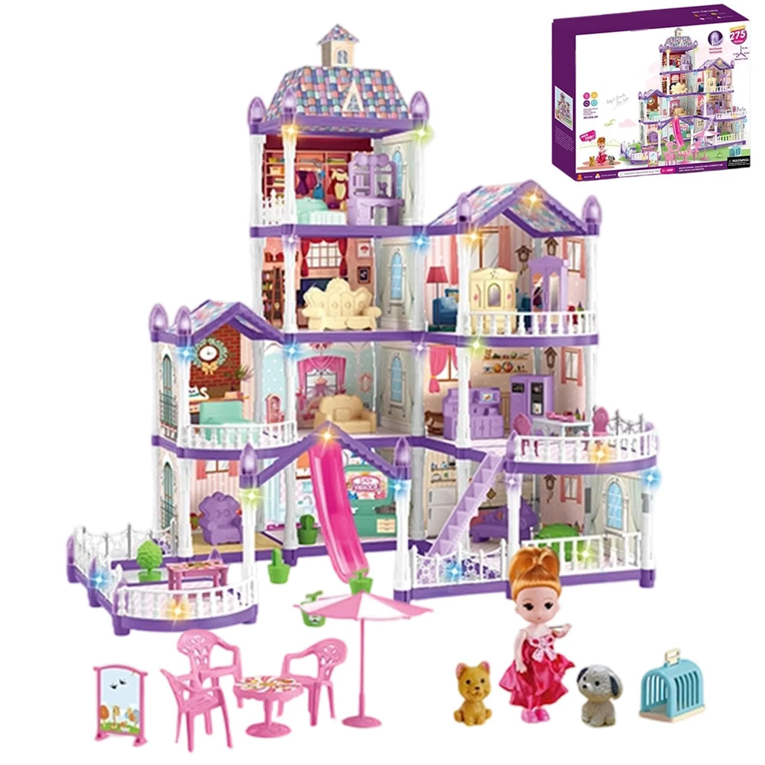 Casa delle Bambole 4 Piani 13 Stanze Giocattolo Miniature da Montare | Piccola Casa Delle Bambole Con 3 Principesse 2 Cuccioli E Arredo Per Bambine 4-6 di Ruolo Indoor Regalo per Feste