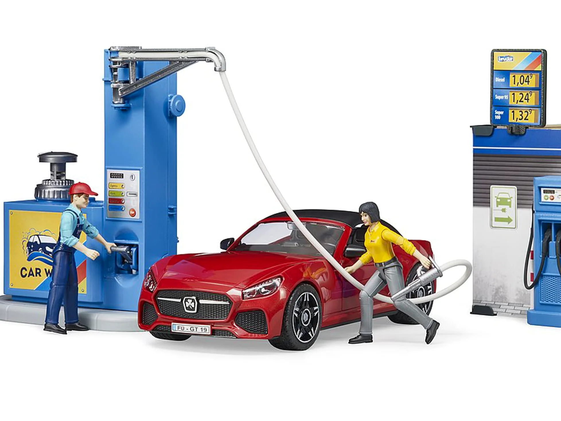 bruder 62111 - stazione di servizio bworld con pompa di benzina, stazione di ricarica per e-car, roadster, conducente, area di lavaggio, addetto alla stazione di servizio