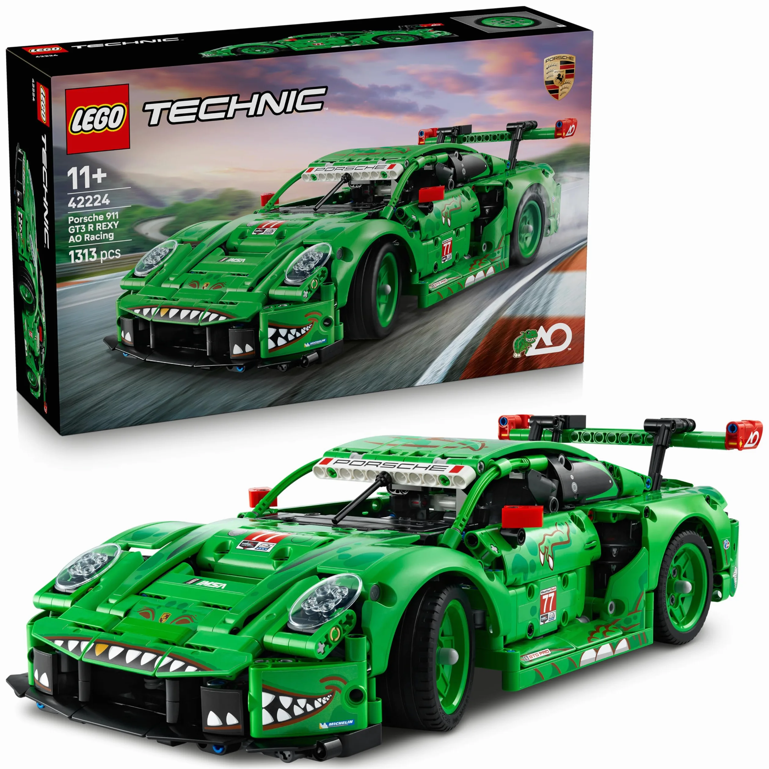 LEGO Technic Auto Porsche 911 GT3 R REXY AO Racing - Macchina Giocattolo - Kit di Modellismo con Motore a 6 Cilindri, Trazione Posteriore e Design da Dinosauro - Regalo per Bambini da 11 Anni - 42224