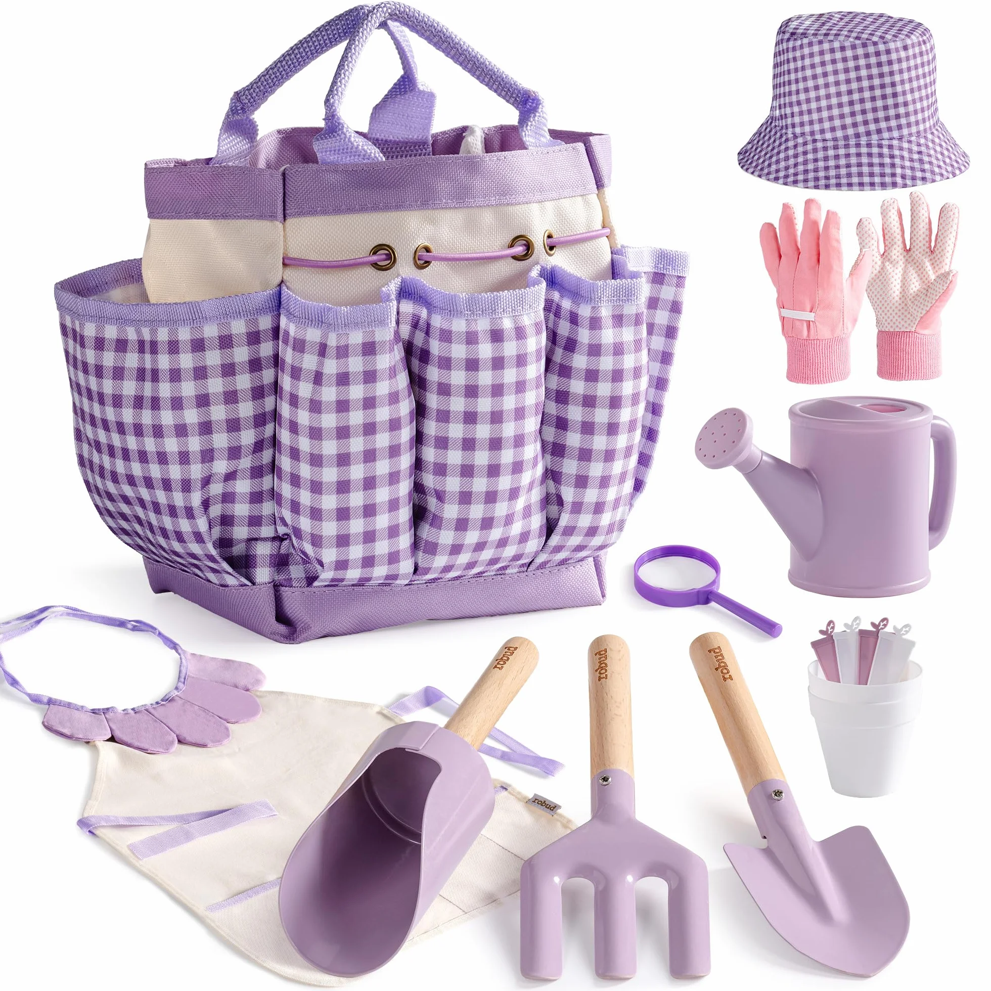 ROBUD Set da giardinaggio per bambini, 17 pezzi, con annaffiatoio per bambini, grembiule, forchetta e pala da giardino, paletta cilindrica, guanti da giardinaggio e borsa tote, giocattoli da giardino