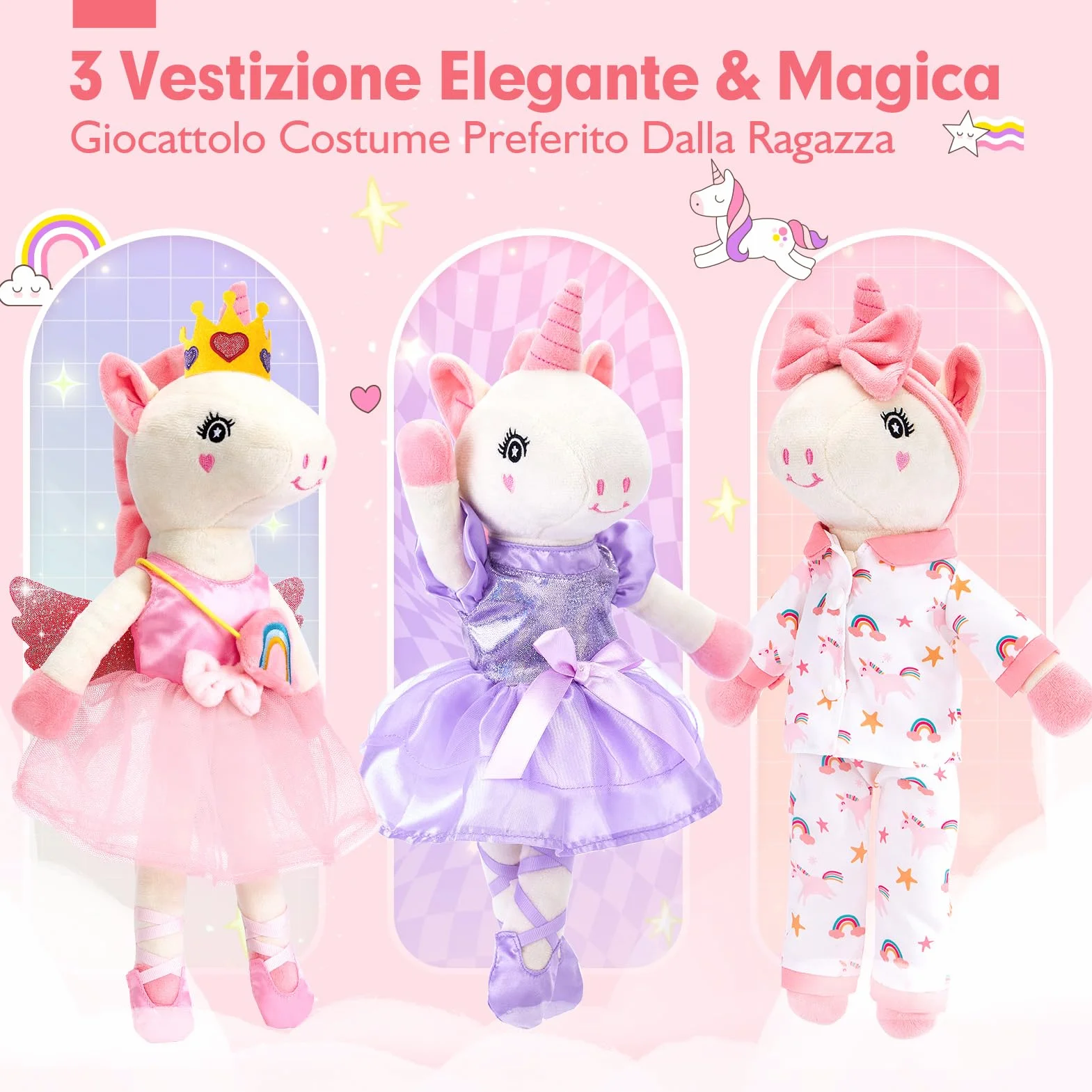 hahaland Regalo Bambina 3-6 Anni, 10 PCS Set di Unicorno Bambina Regalo con Unicorno Peluche, Borsa e 3 Abiti, Vestire la Bambola Giochi Bimba 3 4 5 6 Anni Femmina