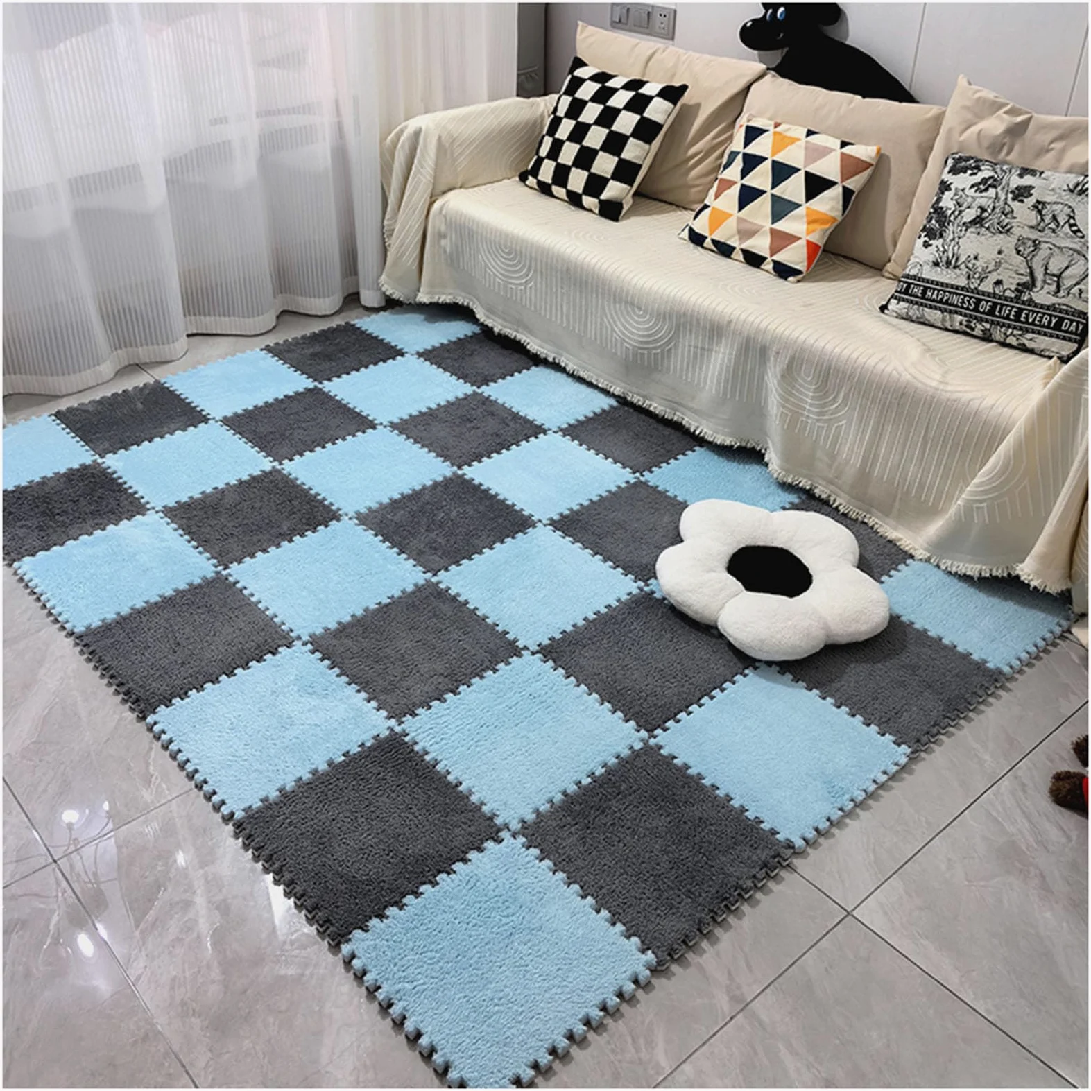 Piastrelle per tappeti ad Incastro Splice, 30x30x1 cm, Tappetino in Schiuma di Peluche, tappetini in Schiuma per Puzzle Soffici,Blue+gray-16pcs