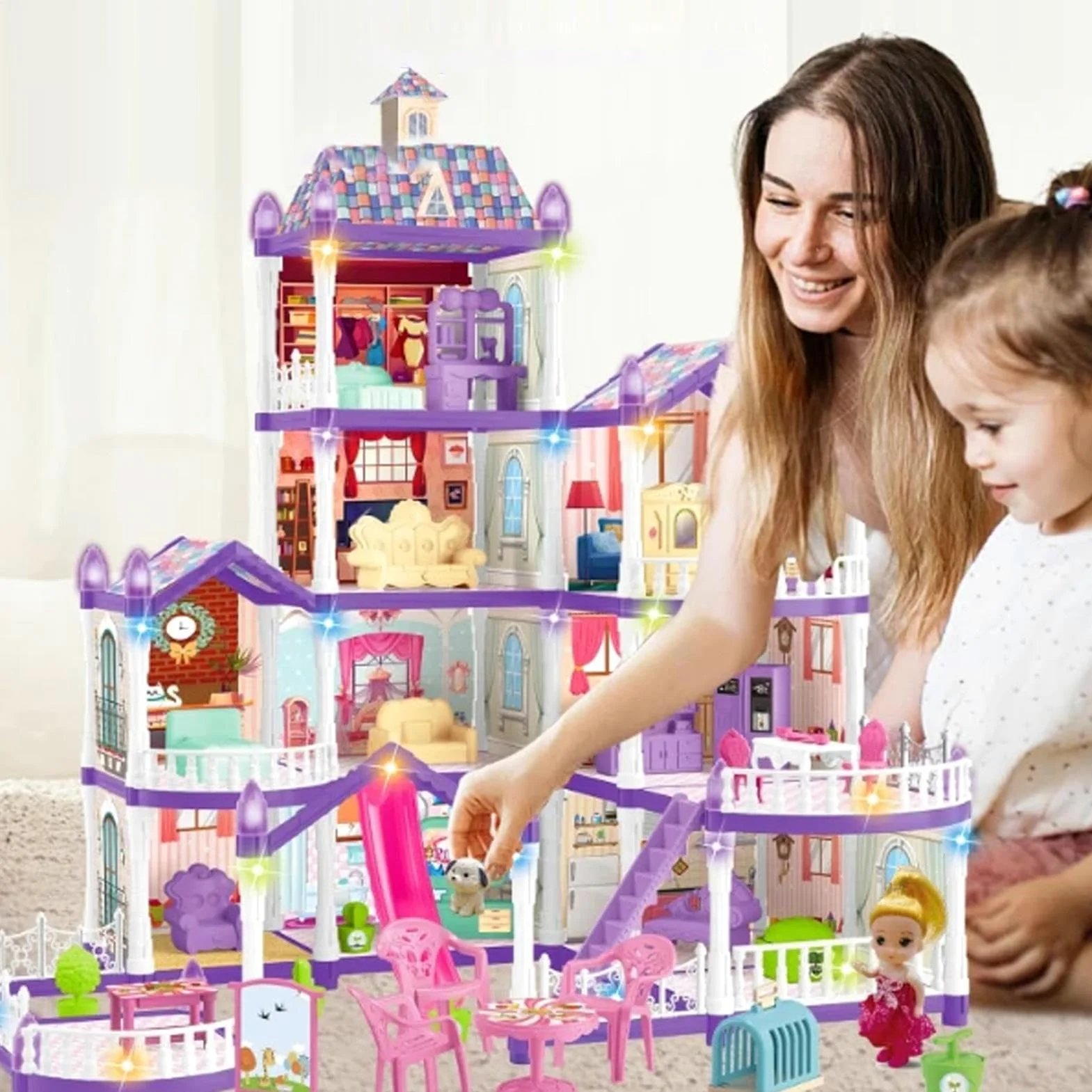 Casa delle bambole, 4 piani, 13 stanze, kit in miniatura | Villa - Set da gioco per casa delle bambole con 3 principesse e 2 cuccioli e accessori per mobili per bambini dai 4 ai 6 anni