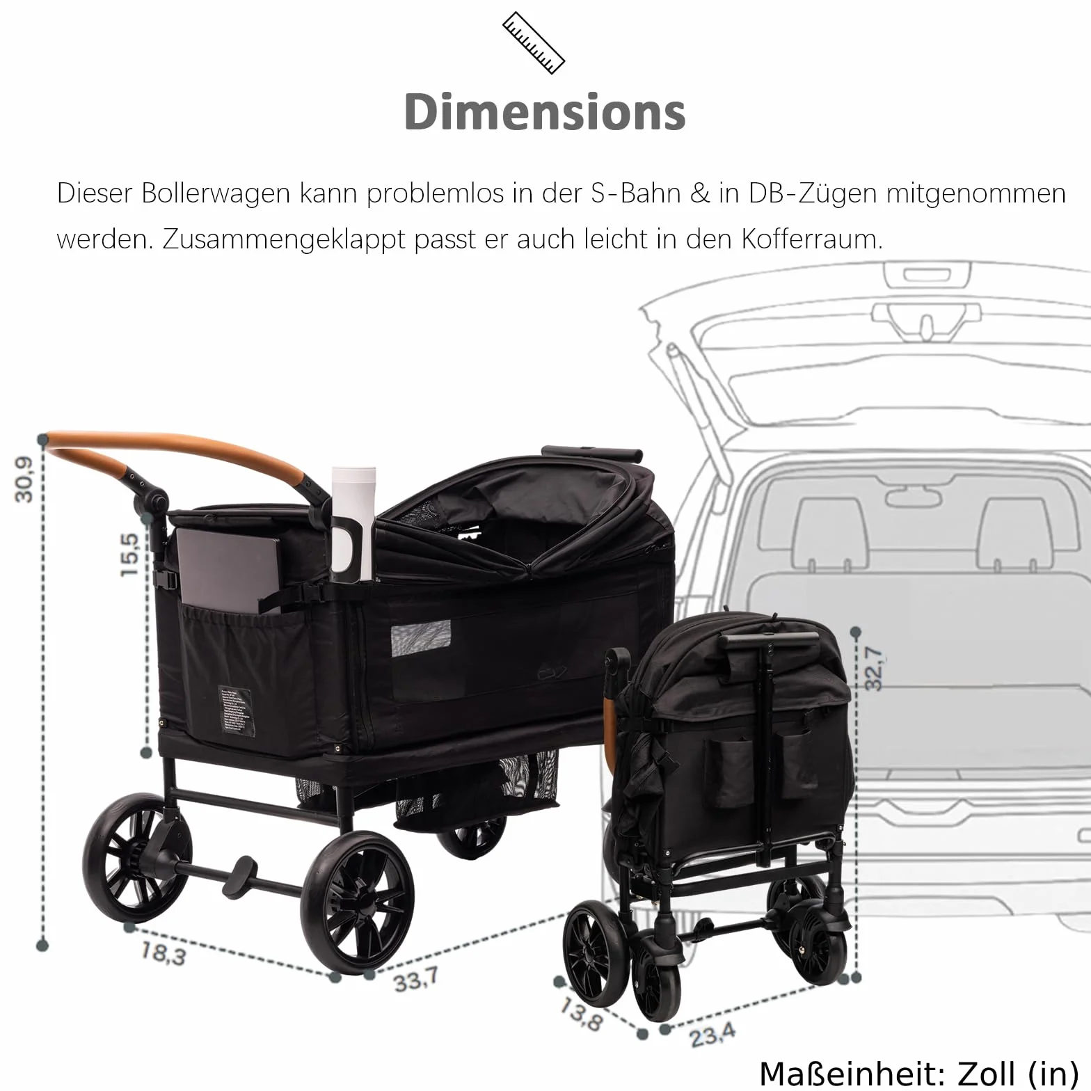 vickey Carrello pieghevole con tetto, 2 bambini, 150 kg, carrello cargo, pieghevole, con manico scorrevole, Duo, resistente agli urti, ruote in poliuretano con freni, portabevande, 100 l, nero