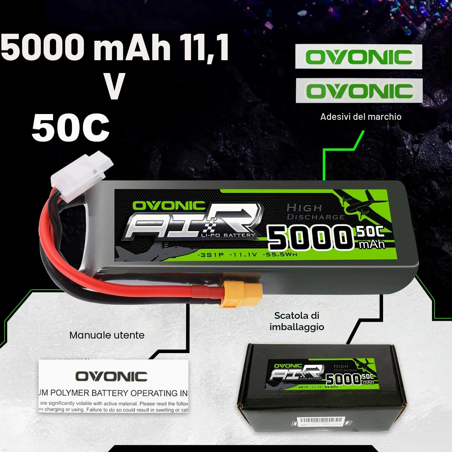 OVONIC 3S Batteria Lipo 50C 5000mAh 11.1V LiPo RC batteria con connettore XT60 per RC Auto Boat Truck Heli Aereo Quadcopter elicottero Multispotore Hobby（2 packs）