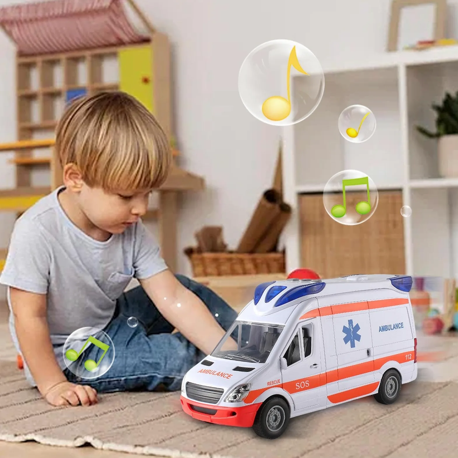 Ambulanza con auto giocattolo - Grande porta posteriore che può essere aperta con barella - 30 cm - Veicolo di salvataggio medico, furgone di emergenza con luce e suono, di ruolo per bambini d