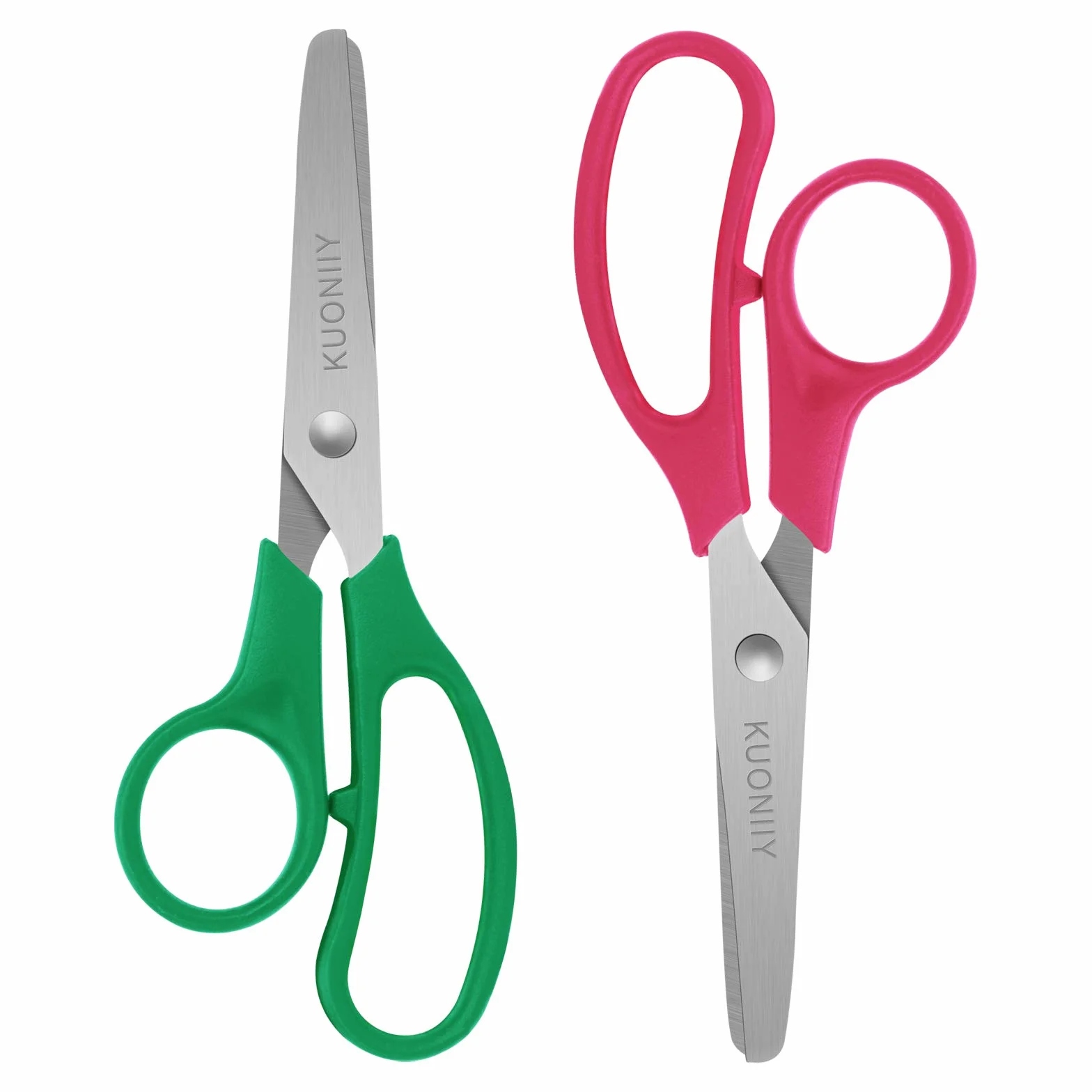 KUONIIY Forbici per Bambini, Lame in Acciaio Inox, Impugnatura in Plastica, Anelli Circolari, 2 Pezzi per Set, Rosso, Blu