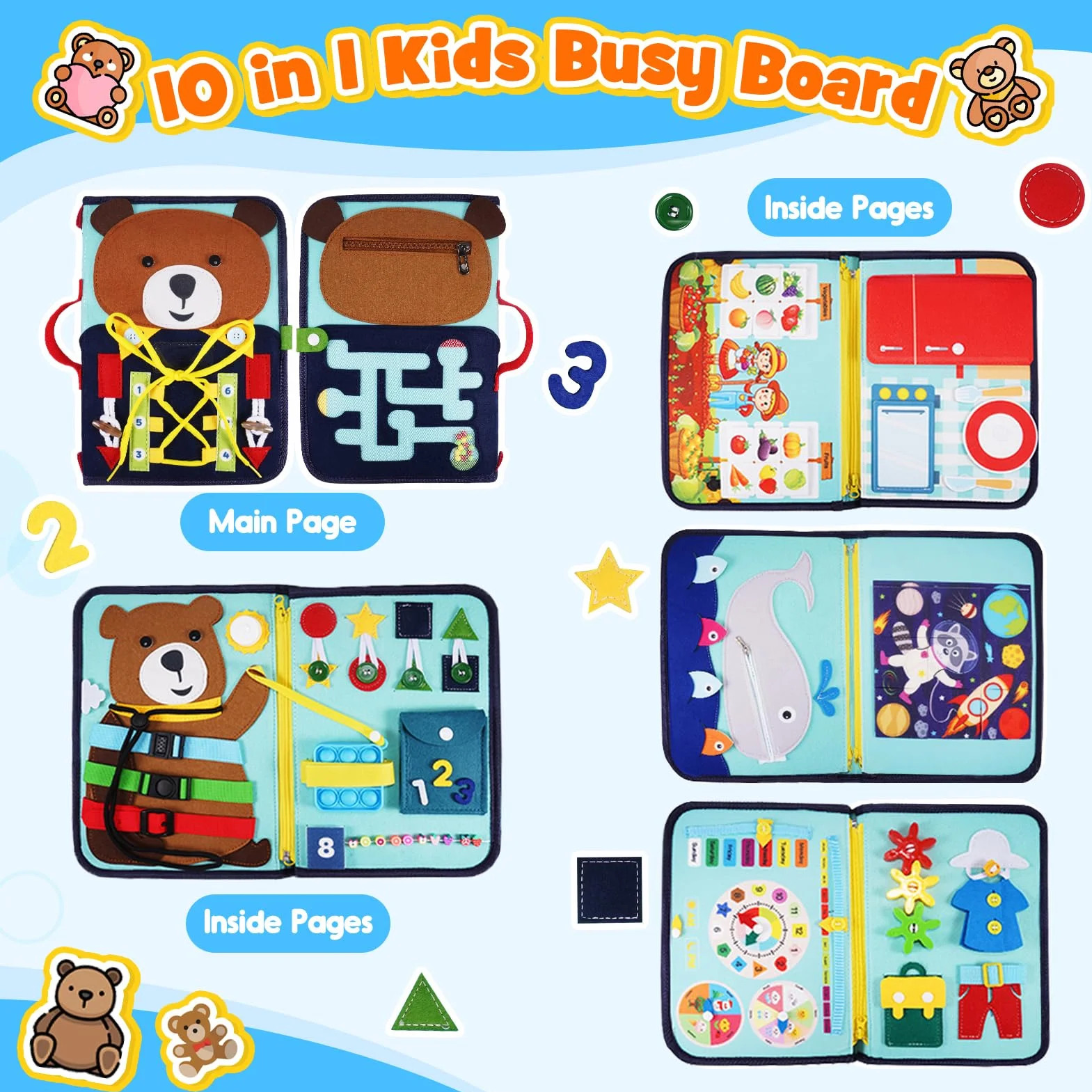 HappyKidsClub Busy Board, Giochi Montessori 1 2 3 4 Anni Regalo Bambino 1-4 Anni Giochi Bambini 1 2 3 4 Anni Pannello Sensoriale Bambini Montessori 1 2 3 Anni Busy Book