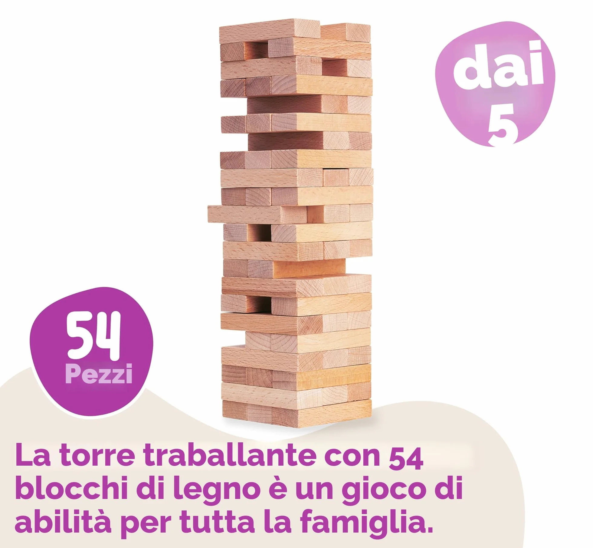 Eichhorn Torre in Legno Vacillante, Gioco impilabile, in legno non trattato, torre a dondolo, 54 pezzi, 5 anni, 100002466, marrone
