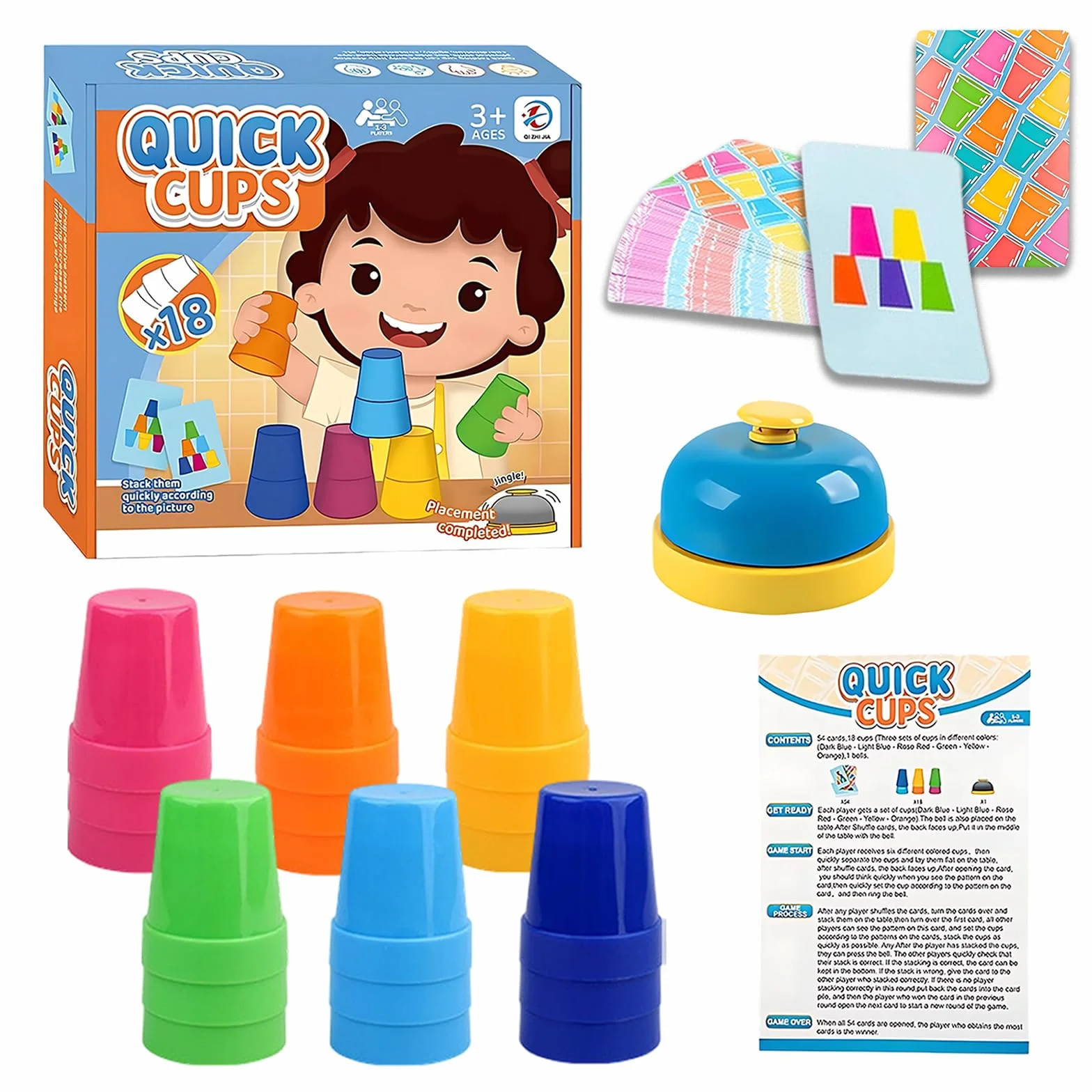 Set di gioco di impilamento di bicchieri sportivi,impilamento rapido di bicchieri per bambini e adulti,18 tazze di velocità ,54 carte,1 campanello,Interattivi Sfidas Velocità Manuale Giochi Tavolo