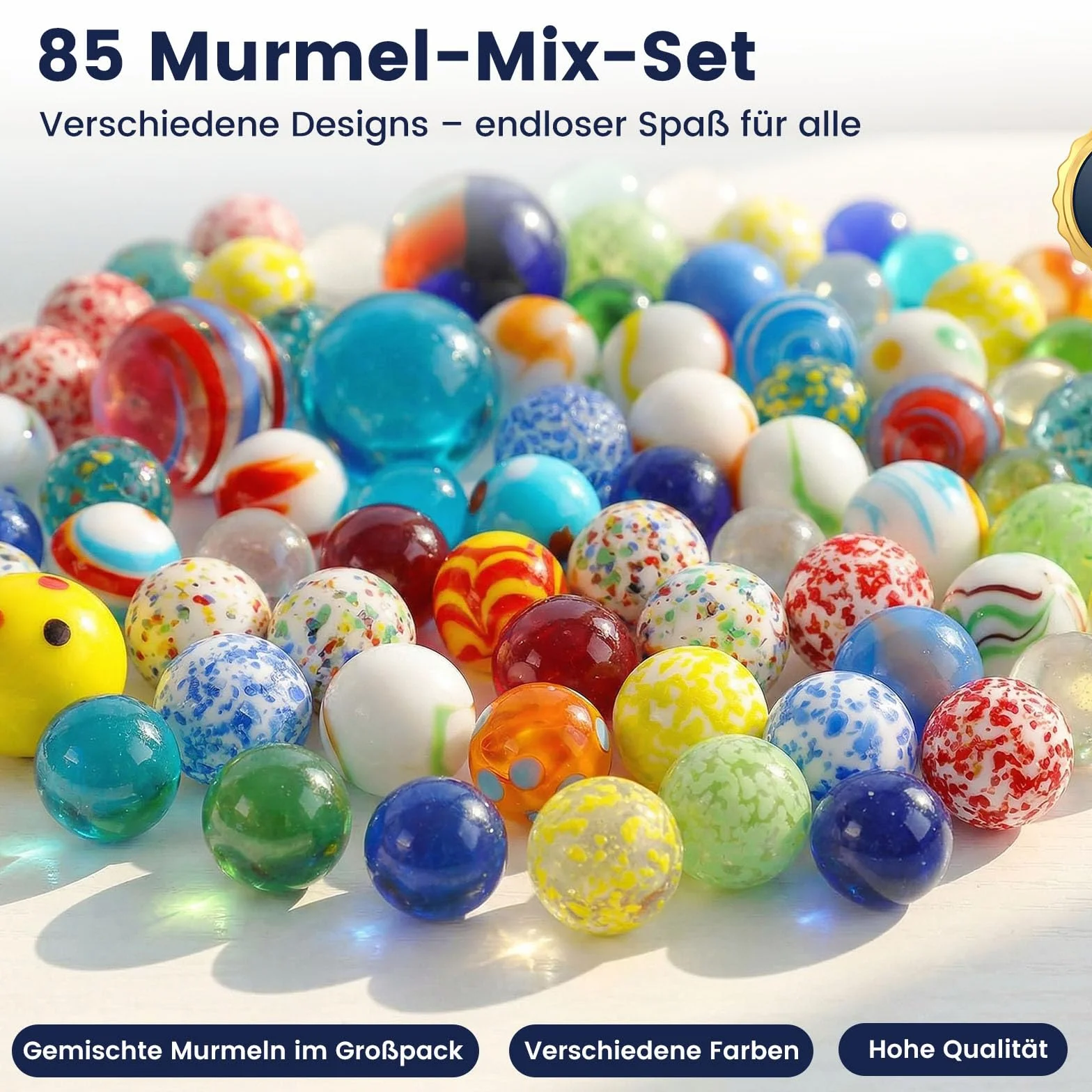 Set di 85 biglie in vetro colorate in scatola di latta per bambini
