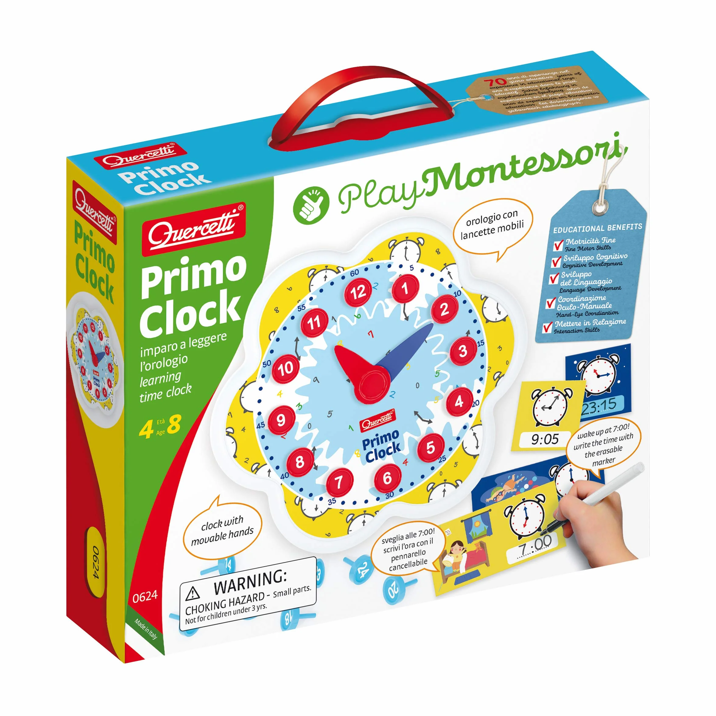 Quercetti Primo Clock, Orologio Educativo Montessori per Mambini 4-8 Anni con Tessere Riscrivibili, Pennarello e lancette mobili, Giochi Educativi per Imparare a Leggere l’Ora, Made in Italy