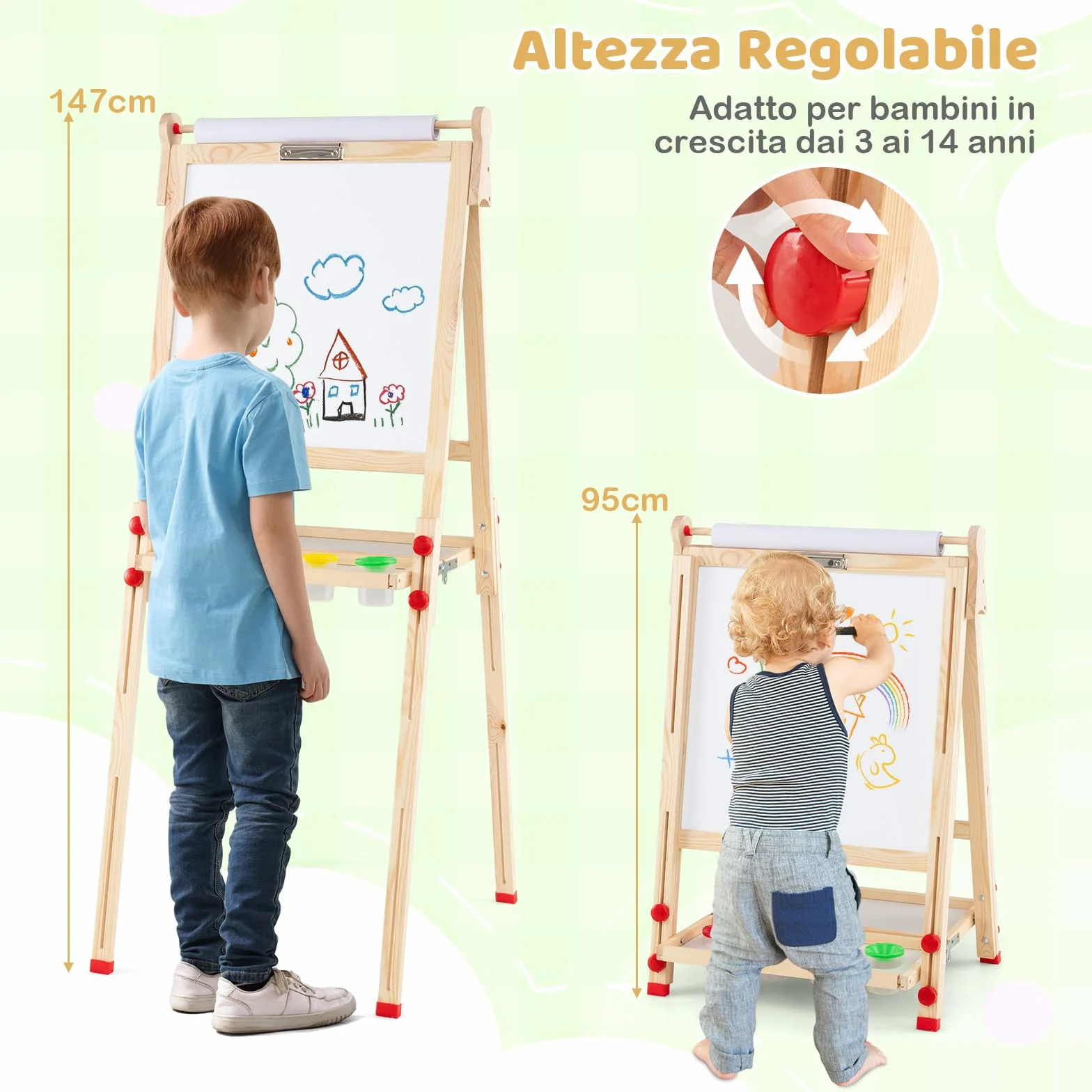 COSTWAY 3 in 1 Cavalletto per Bambini, Cavalletto Artistico in Legno con Doppia Faccia Magnetico, Lavagna Bianca, Lavagna Nera e Rotolo di Carta, Pieghevole e Altezza Regolabile